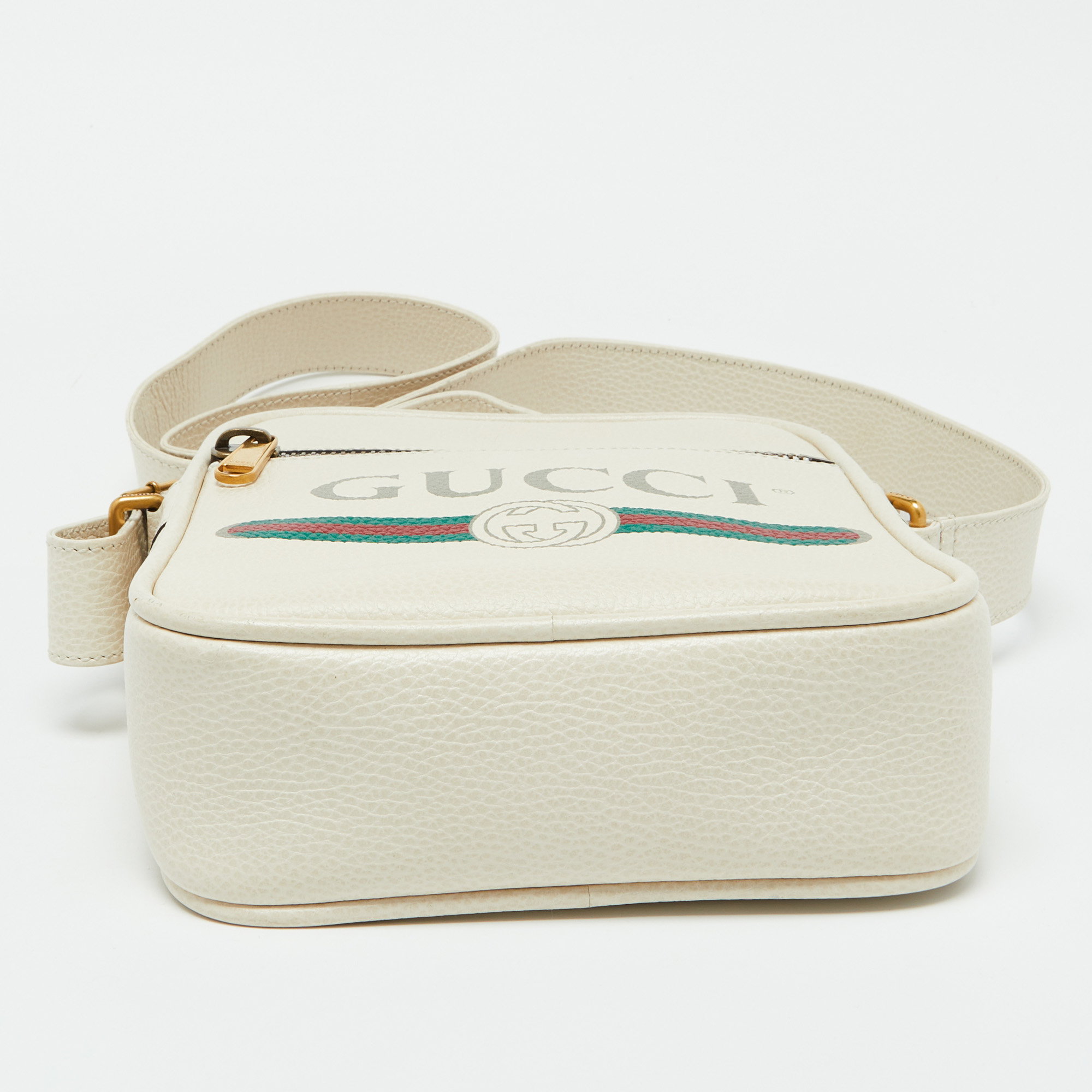 Gucci White Leather Logo Print Messenger Bag