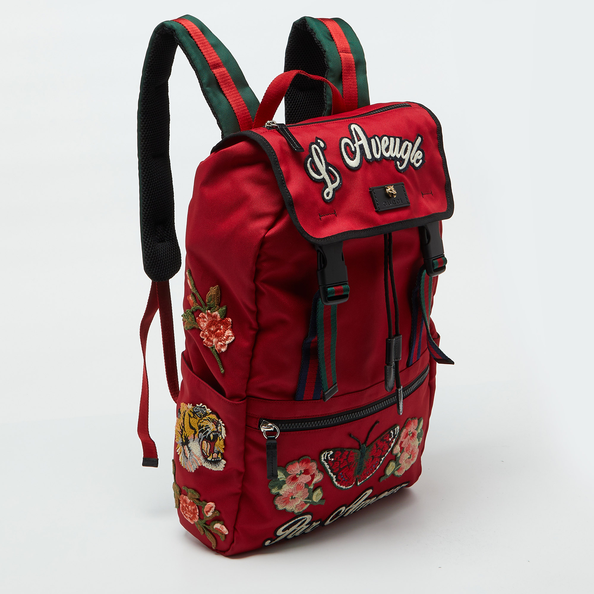 Gucci Red Canvas L'Aveugle Par Amour Embroidered Techno Backpack