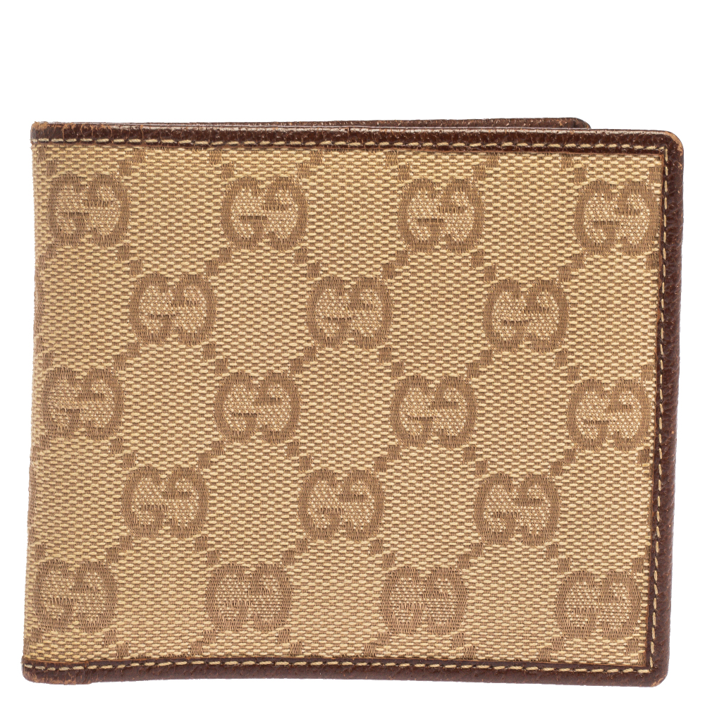 Image of Gucci Beige/Brown GG Canvas and Leather Bi-fold Wallet