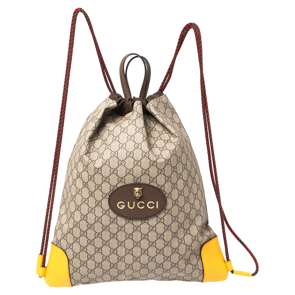 Gucci Beige/Mustard GG Supreme Canvas and Leather Neo Vintage Drawstring Backpack