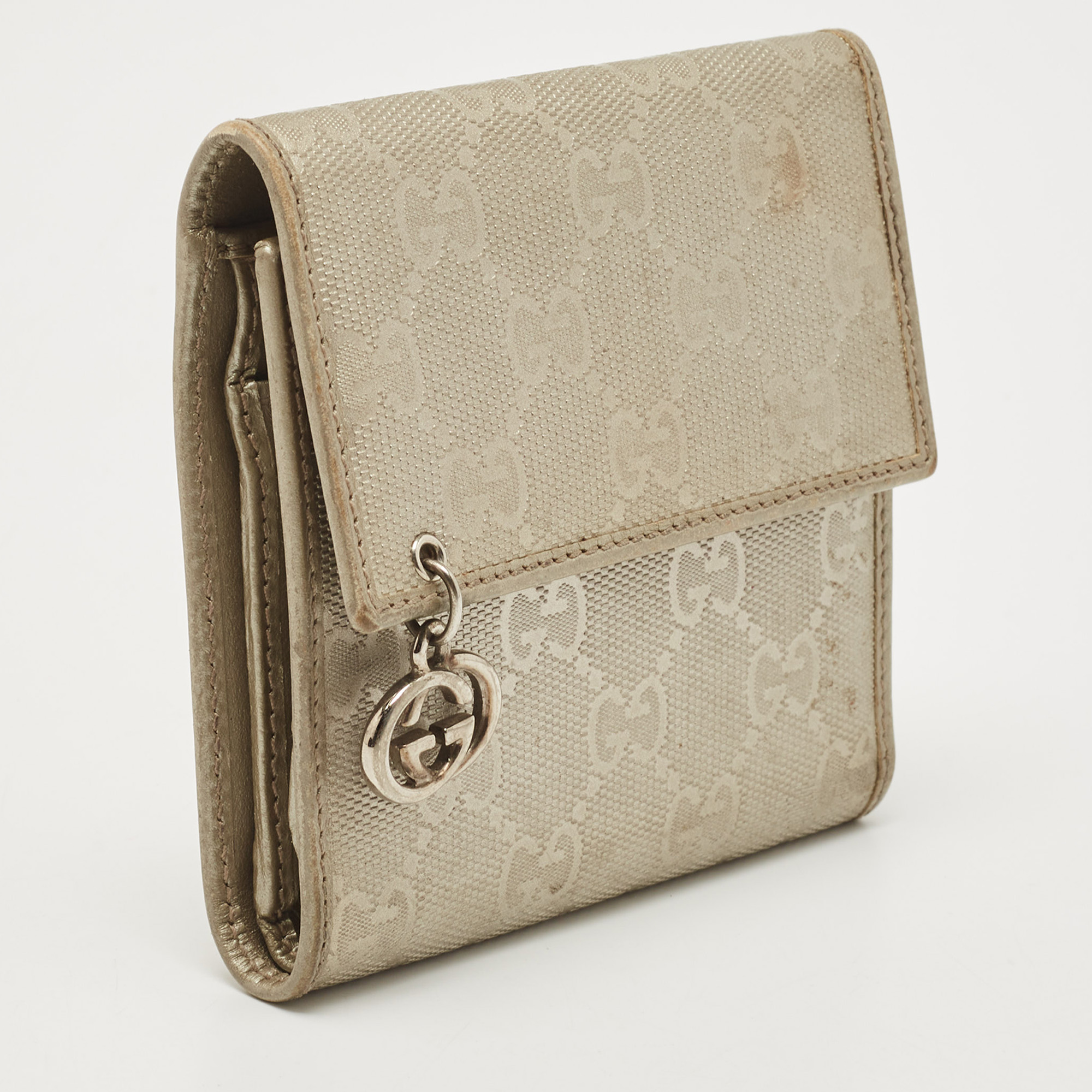 Gucci Silver GG Imprime Canvas And Leather GG Charm Trifold Wallet