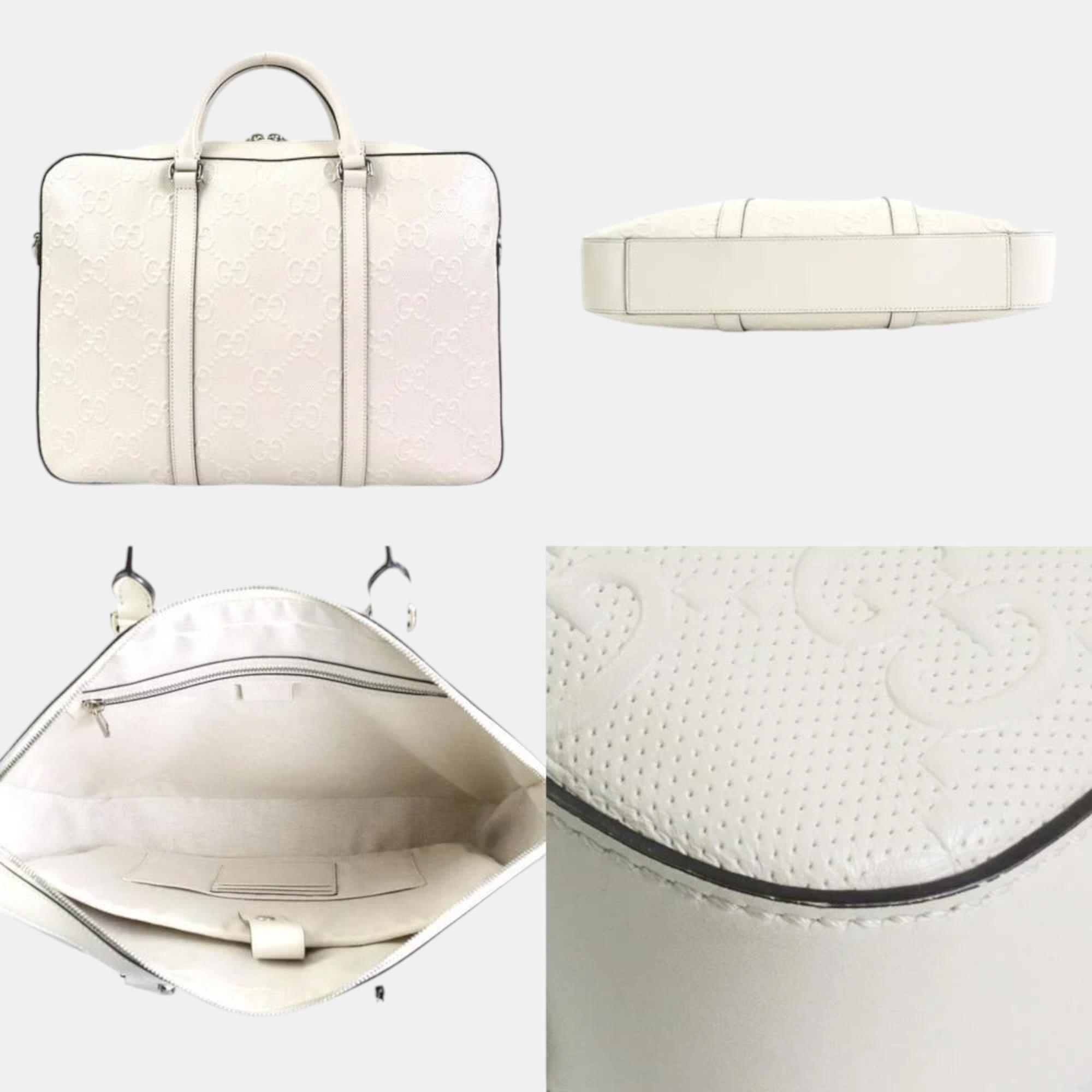 Gucci White GG Embossed Leather Duffle Bag