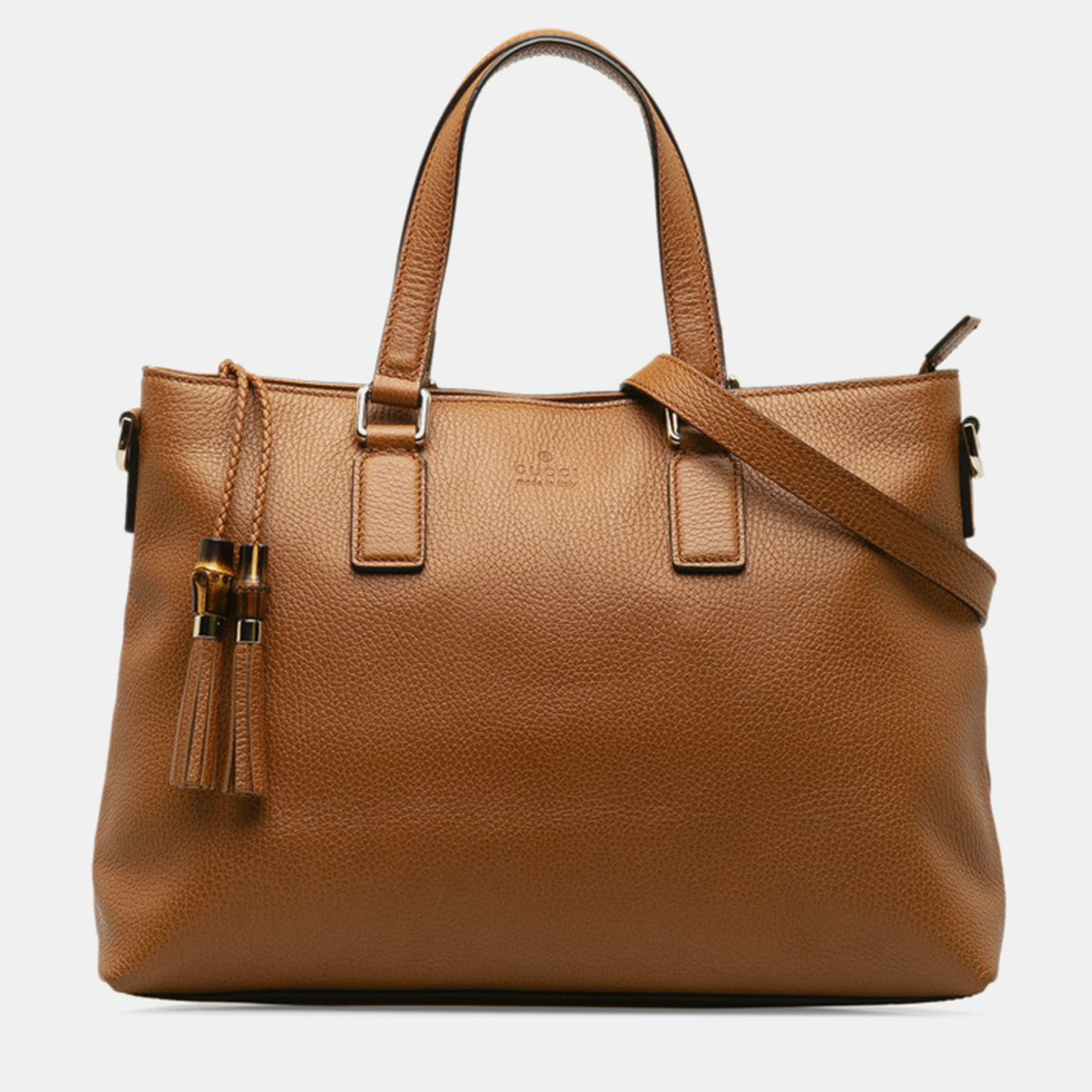 Gucci brown leather bamboo tassel tote bag