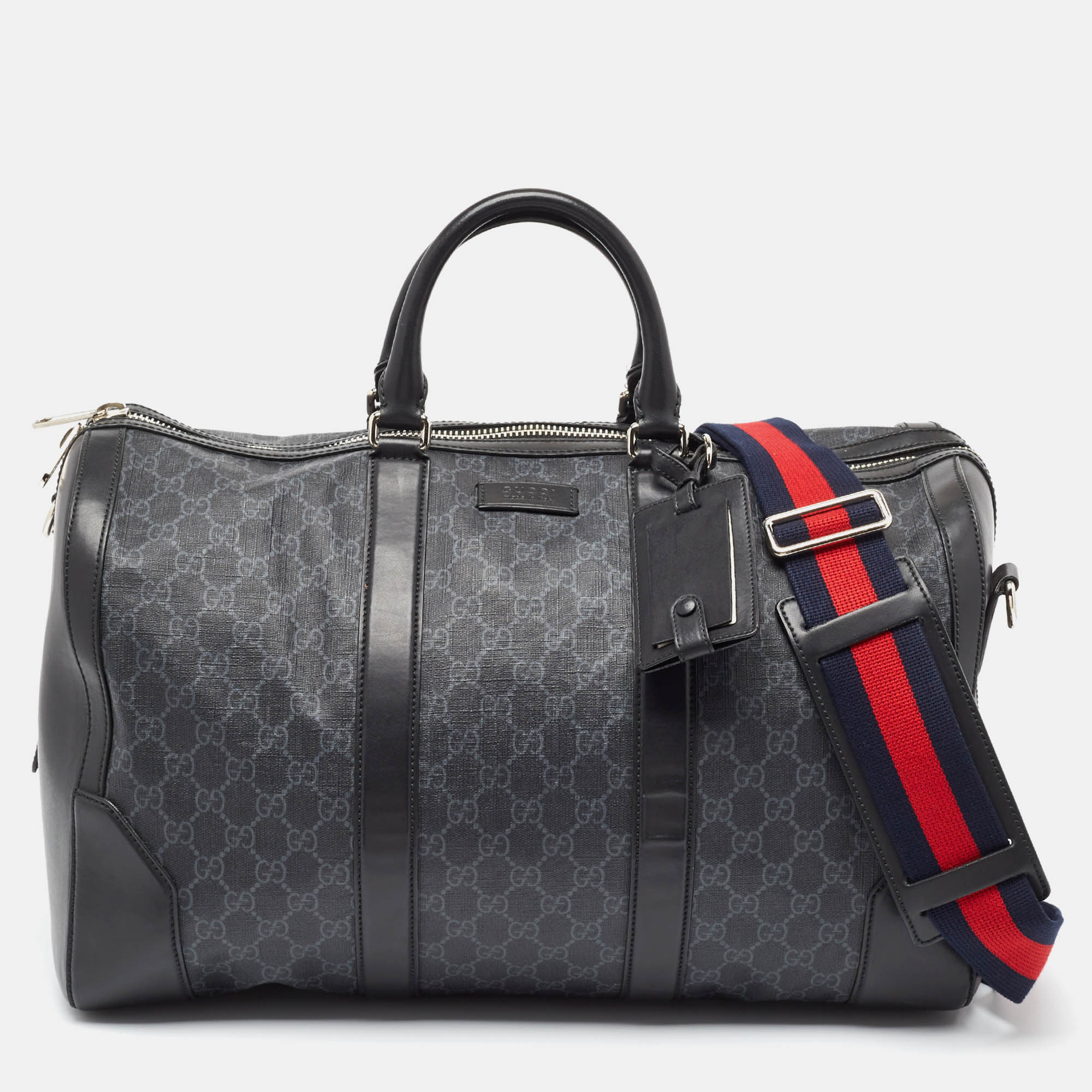 Gucci black gg supreme canvas and leather medium  carry-on duffle bag