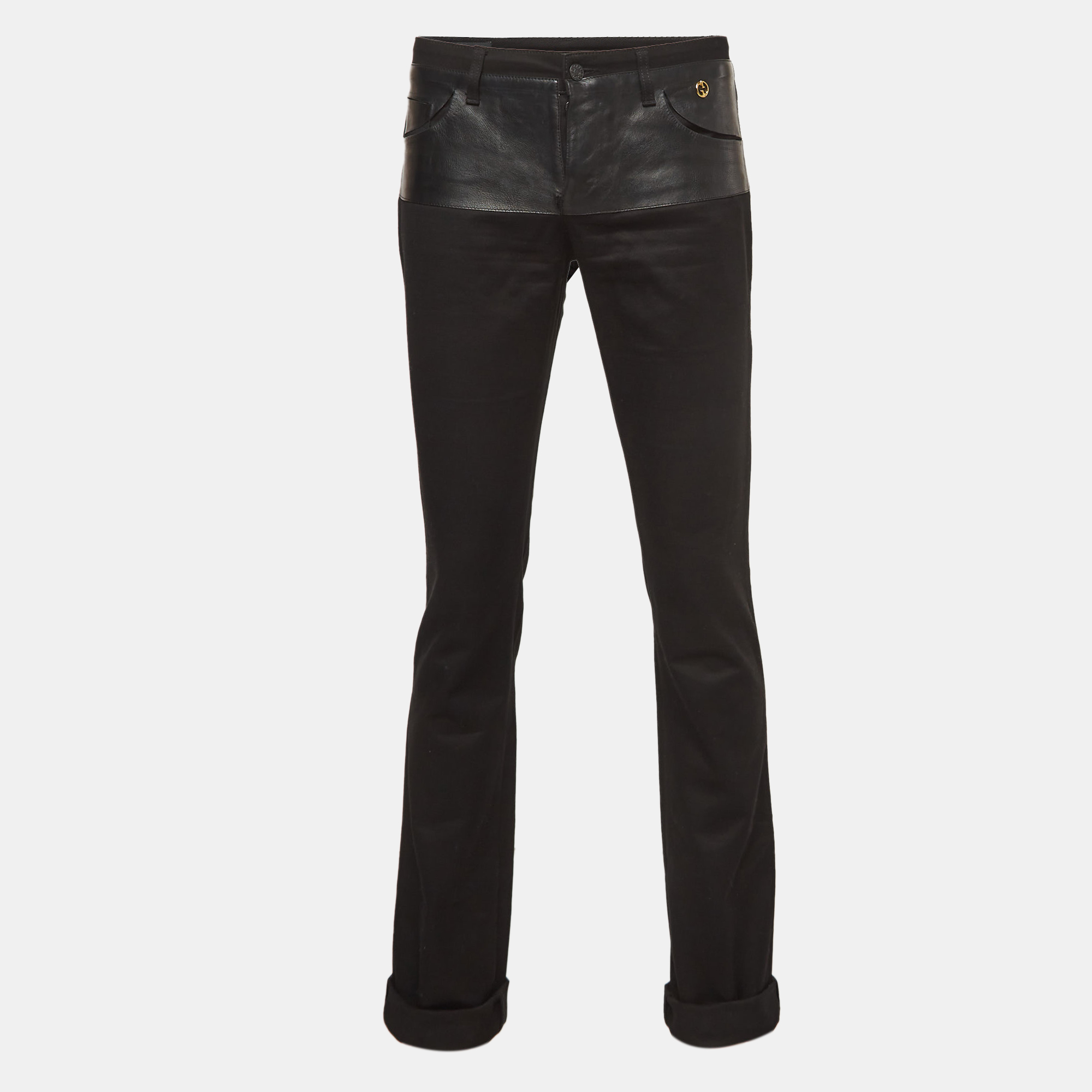 Gucci black cotton twill leather trim pants xs