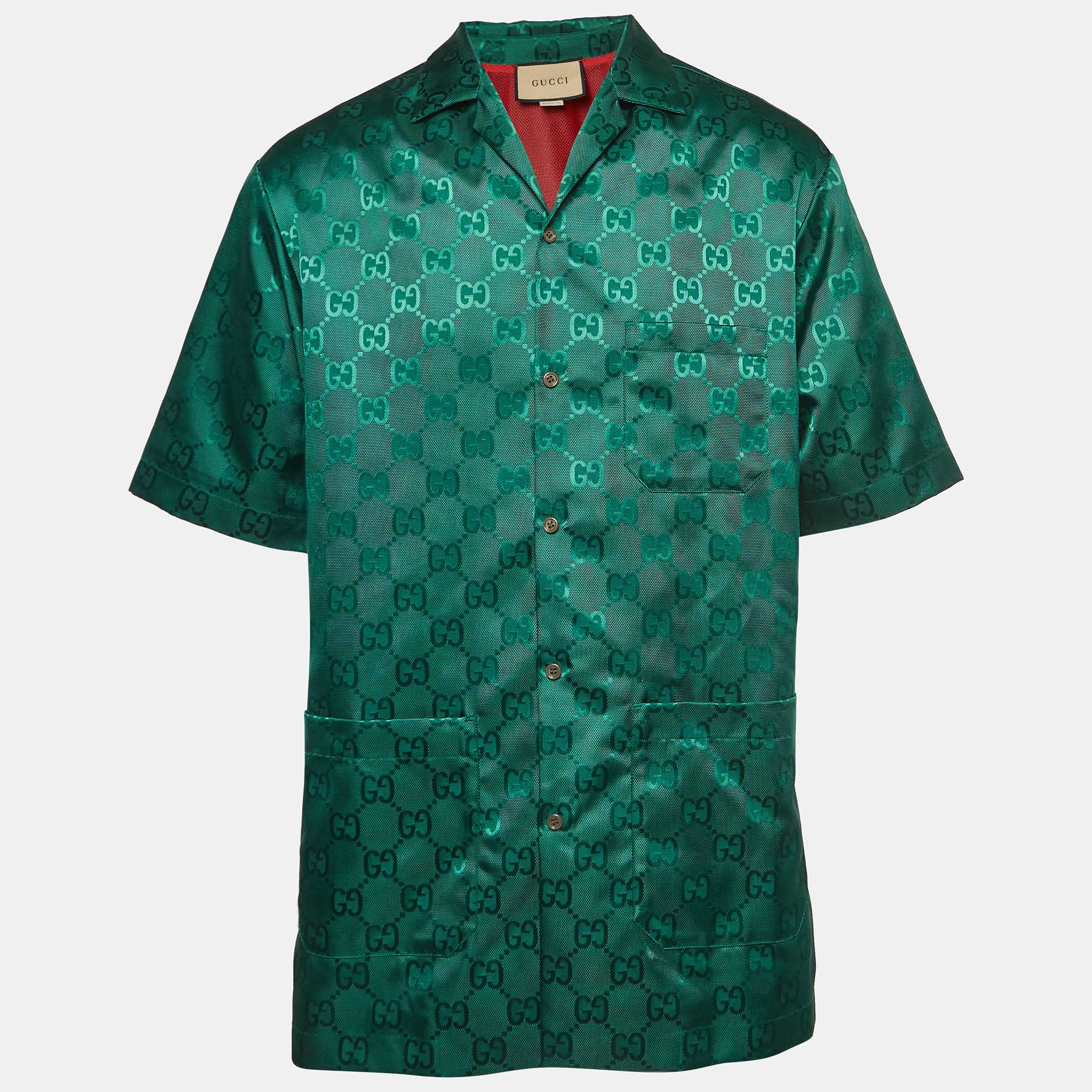 Gucci green gg interlocking canvas bowling shirt s