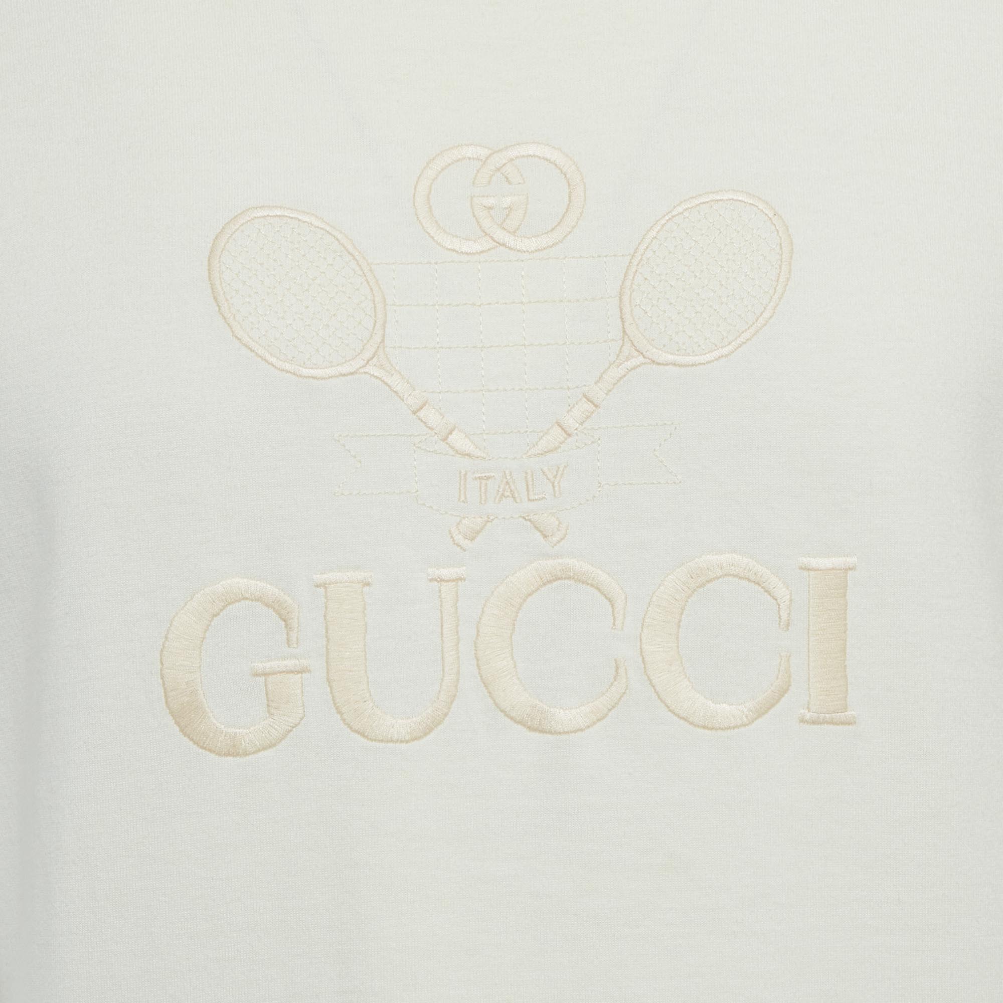 Gucci Cream Tennis Logo Embroidered Cotton Oversized T-Shirt XS