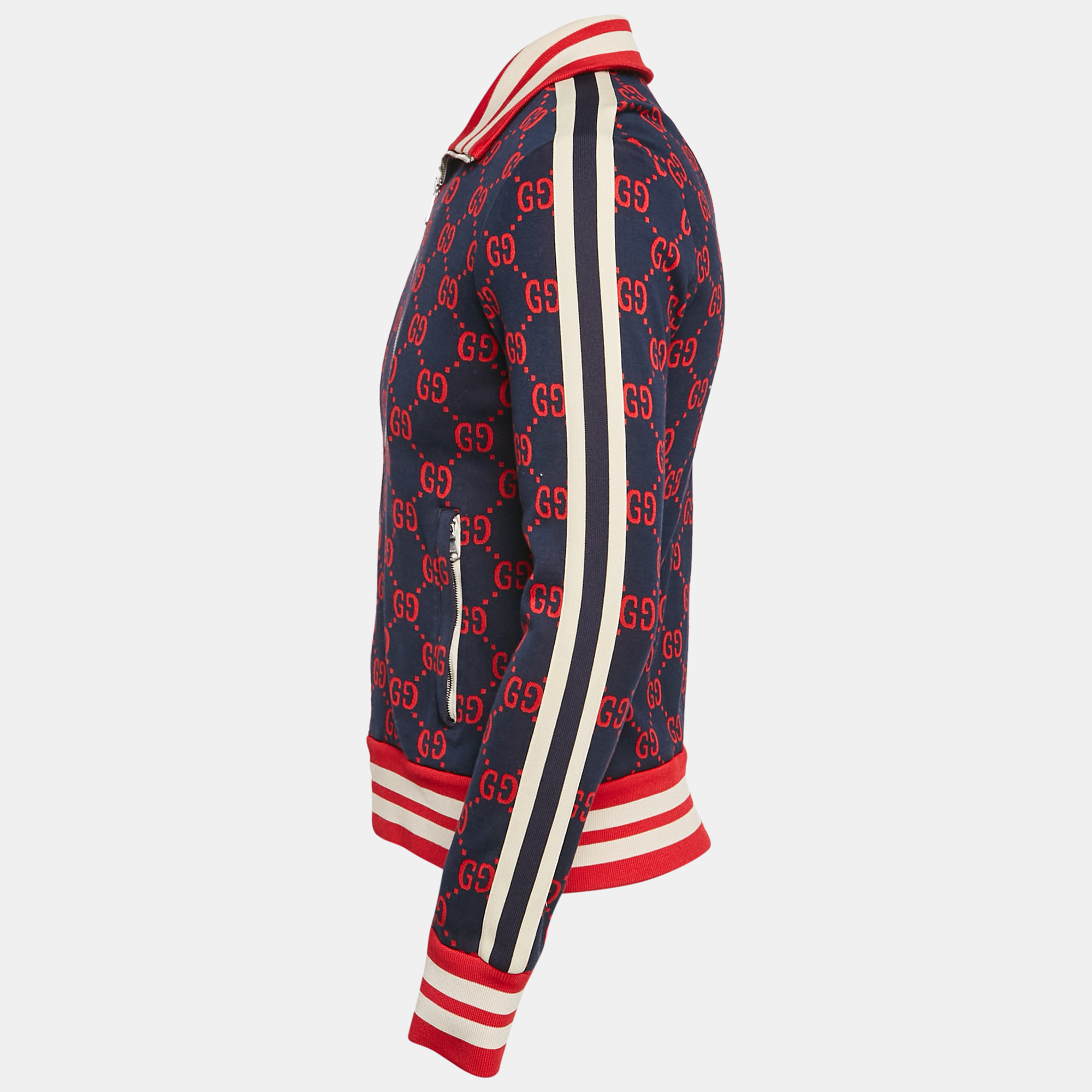 Gucci Navy Blue GG Jacquard Cotton Knit Zip-Up Jacket S