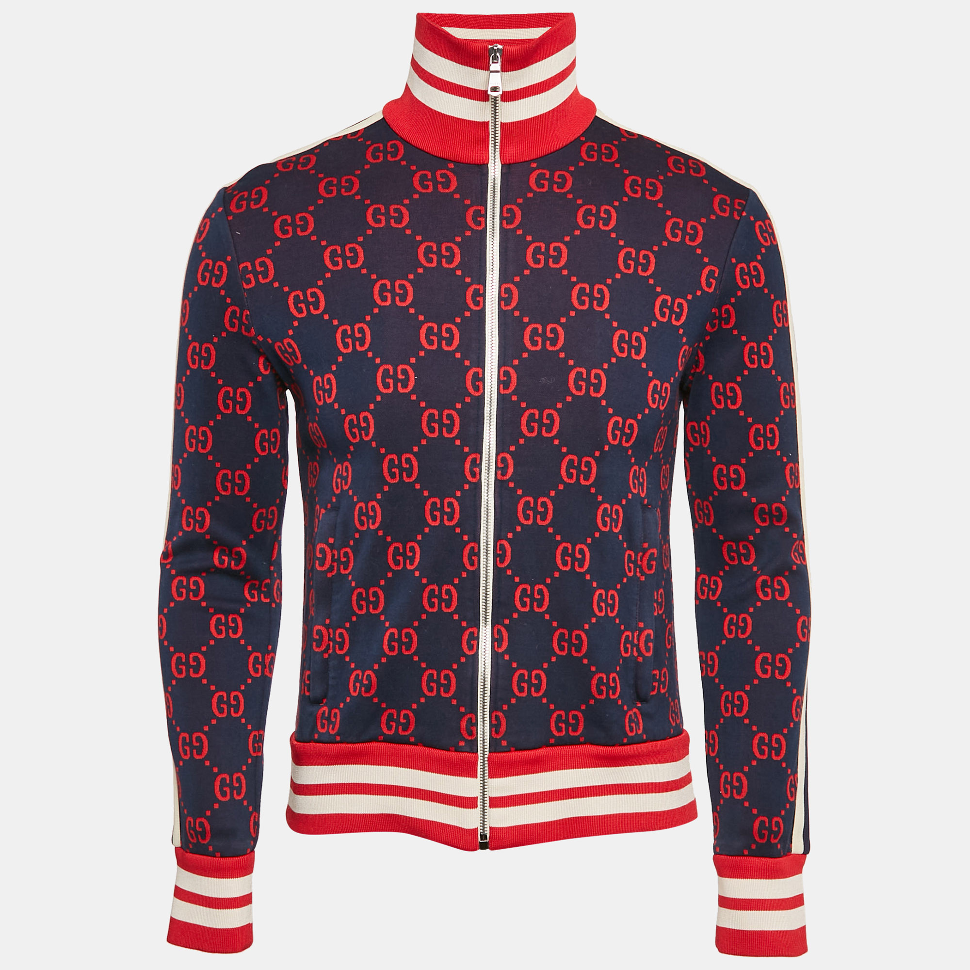 Gucci Navy Blue GG Jacquard Cotton Knit Zip-Up Jacket S