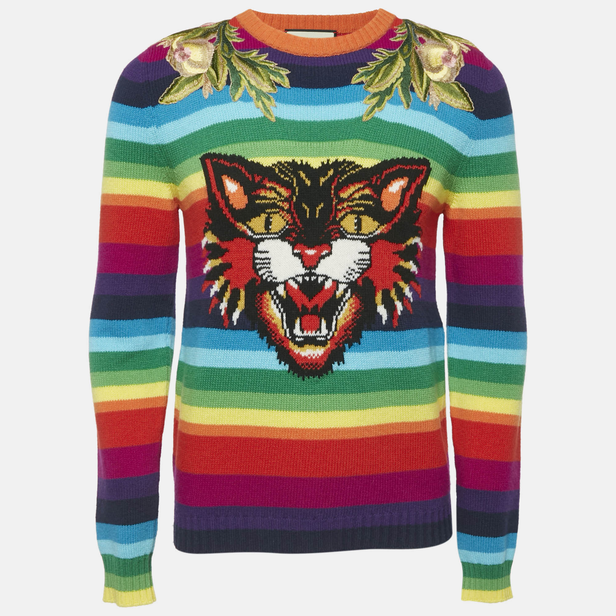 Gucci Multicolor Tiger Striped Intarsia Wool Embroidery Detail Sweater S
Gucci Multicolor Tiger Striped Intarsia Wool Embroidery Detail Sweater S