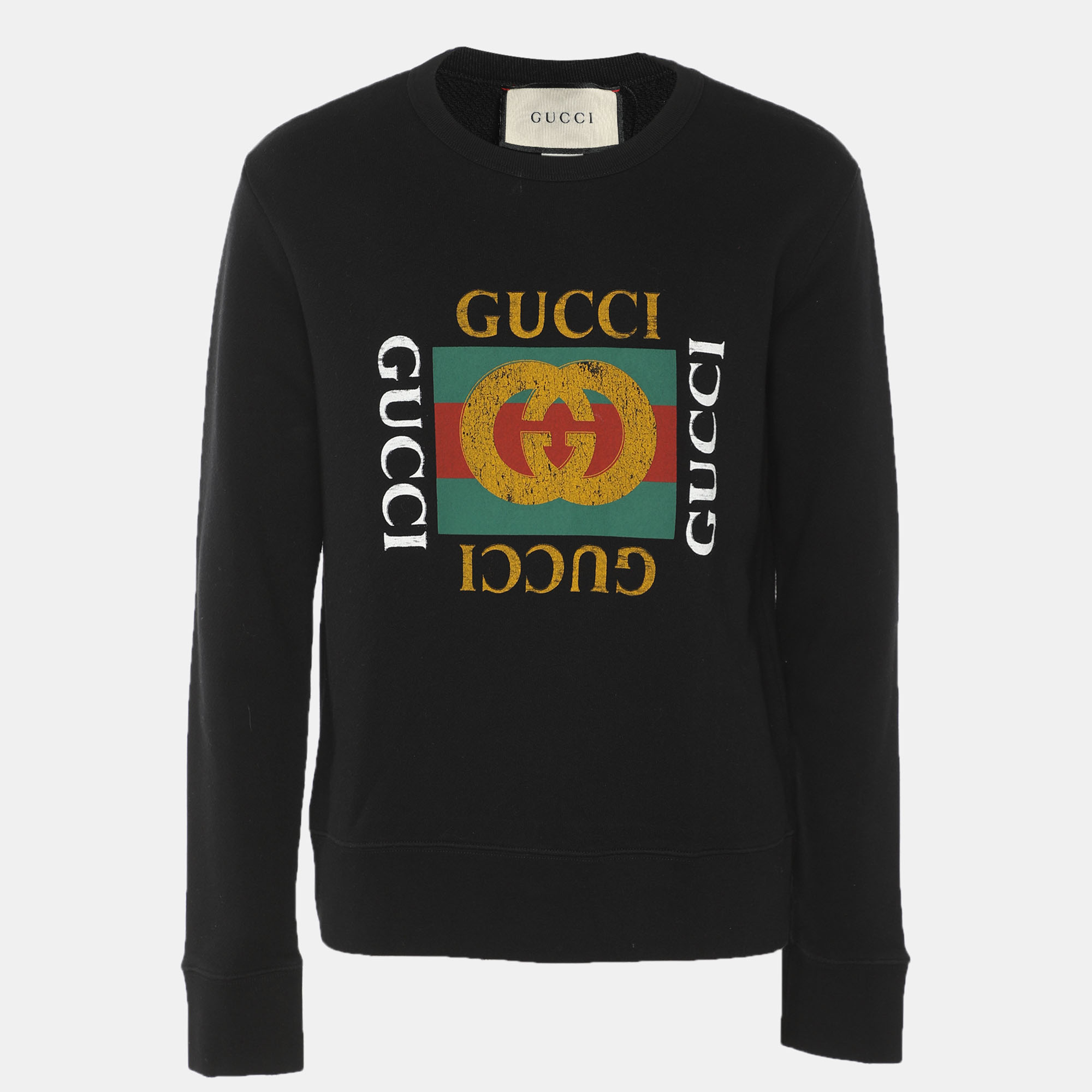 Gucci Black Vintage Logo Print Cotton Knit Distressed Sweatshirt S
Gucci Black Vintage Logo Print Cotton Knit Distressed Sweatshirt S