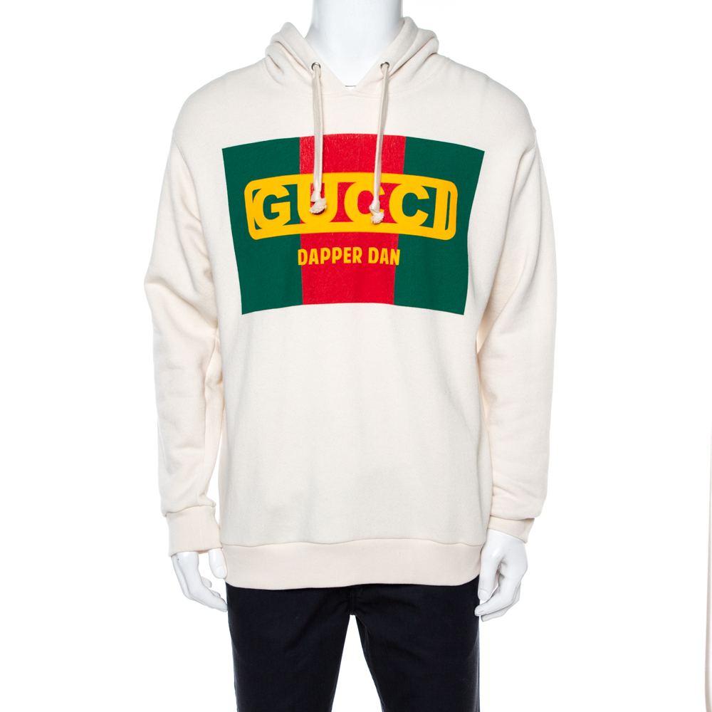 Image of Gucci Cream Dapper Dan Logo Print Cotton Hoodie M