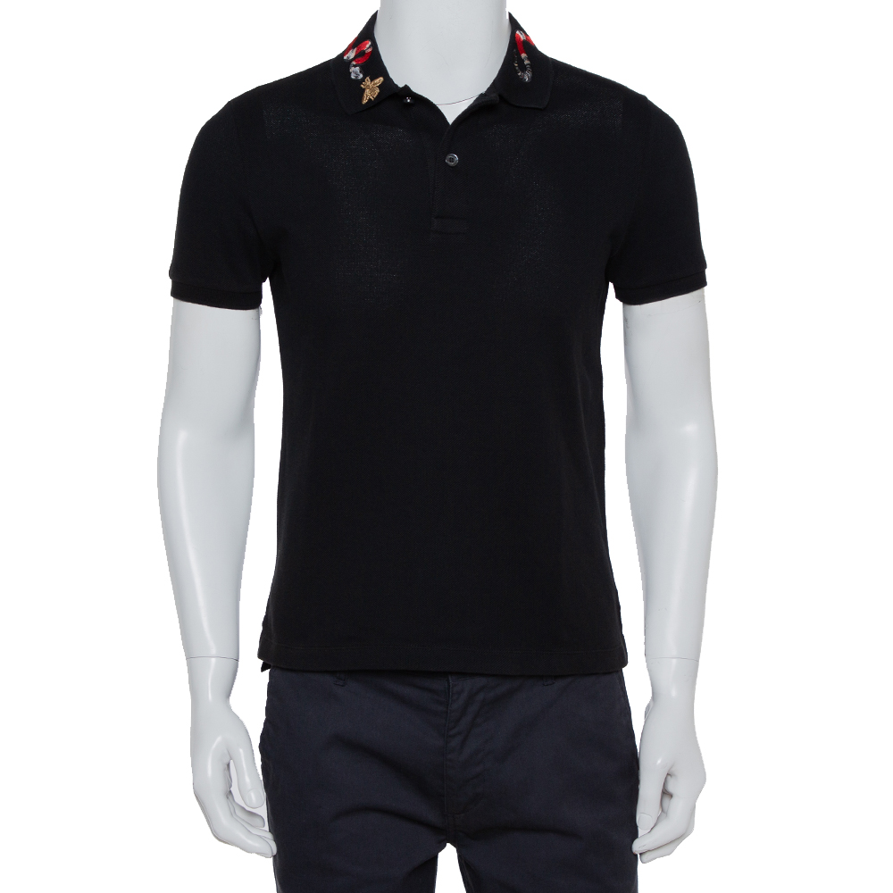 Gucci Black Cotton Pique Snake Embroidered Detail Polo T-Shirt S