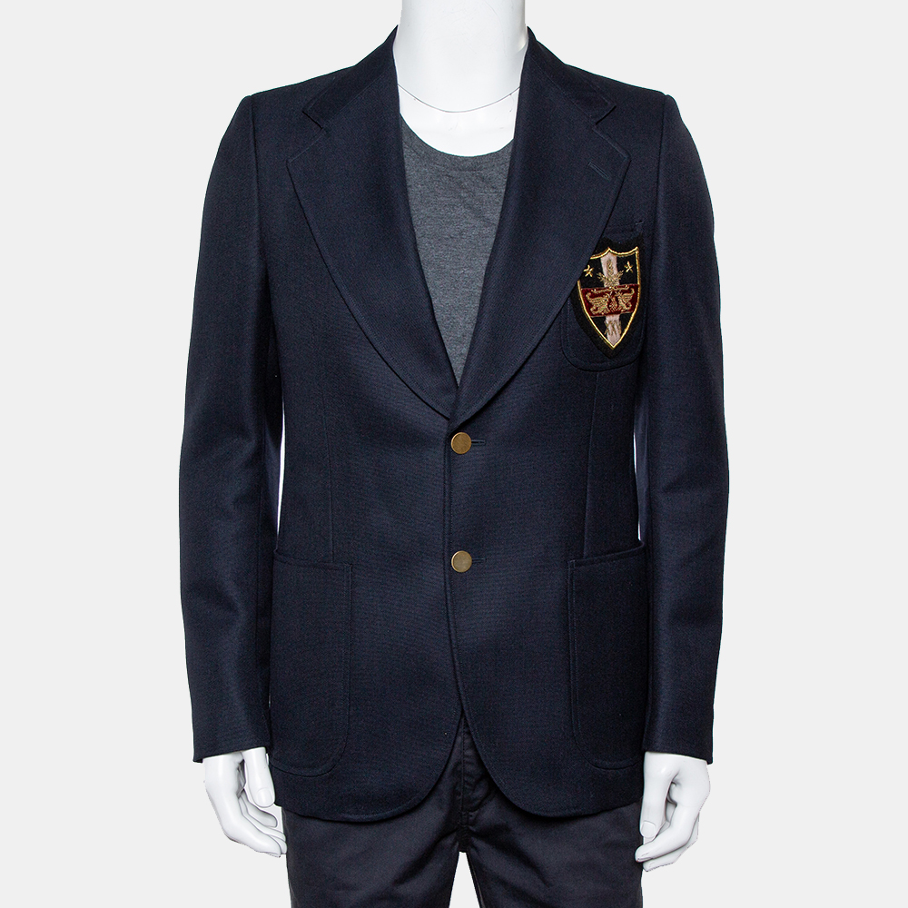 Gucci navy blue wool & mohair chateau marmont embroidered button front blazer m