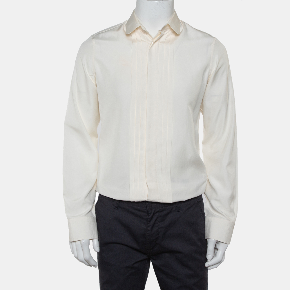 Gucci cream silk pintuck detail button front skinny shirt m
