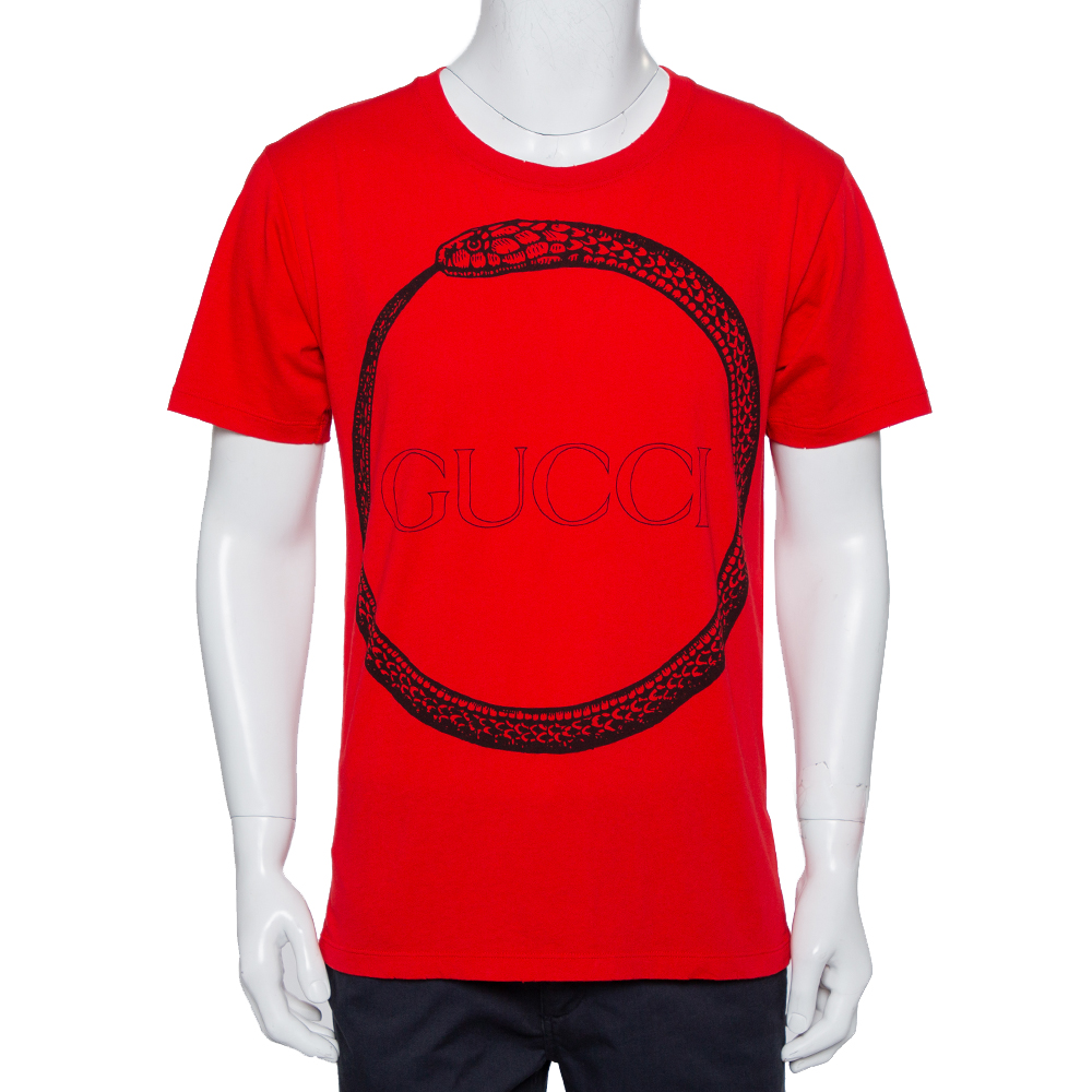 Gucci Red Logo Printed Cotton Distressed Crewneck T-Shirt S