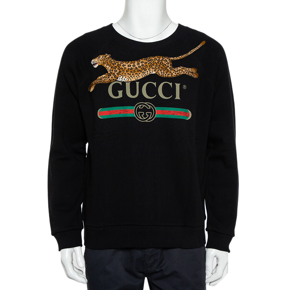 Gucci Black Logo Printed Cotton Leopard Applique Detail Sweatshirt S