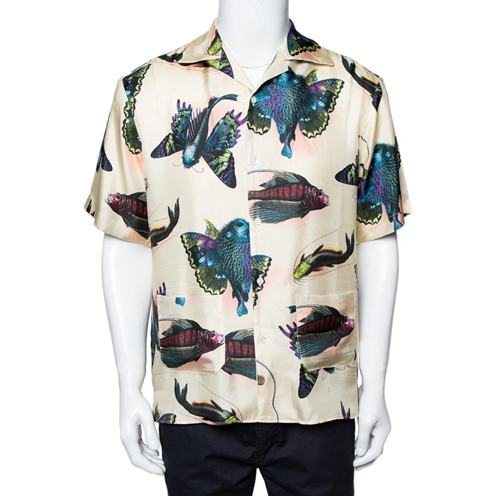 Gucci Multicolor Fish Print Silk Short Sleeve Shirt M