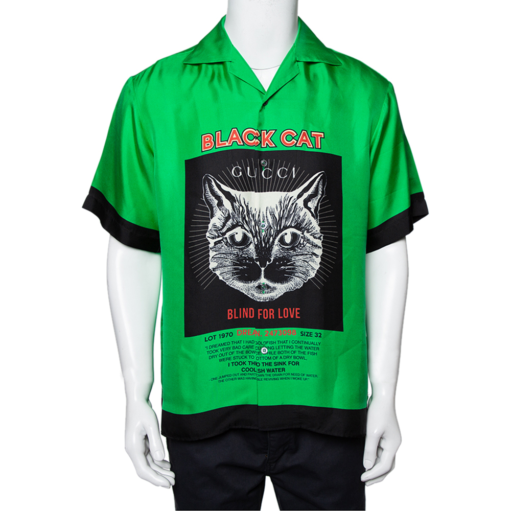 Gucci Green Cat Print Silk Bowling Shirt M