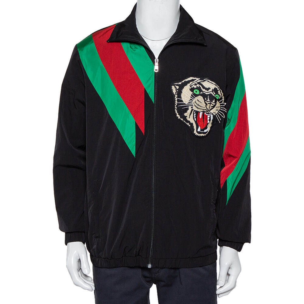 Gucci Black Synthetic Stripe Paneled Tiger Applique Detail Jacket S