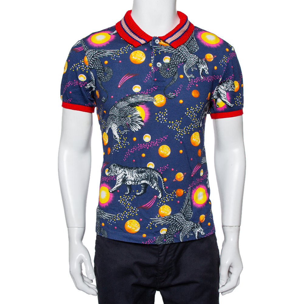 Gucci Blue/Red Space Animal Print Cotton Polo T-Shirt L