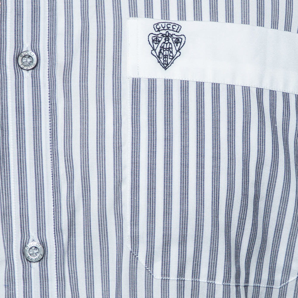 Gucci Grey Striped Cotton Pocket Logo Detail Button Front Shirt M