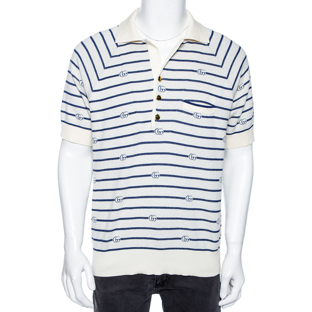 Gucci Cream & Blue GG Striped Knit Pocket Detailed Short Sleeve Polo T Shirt XL