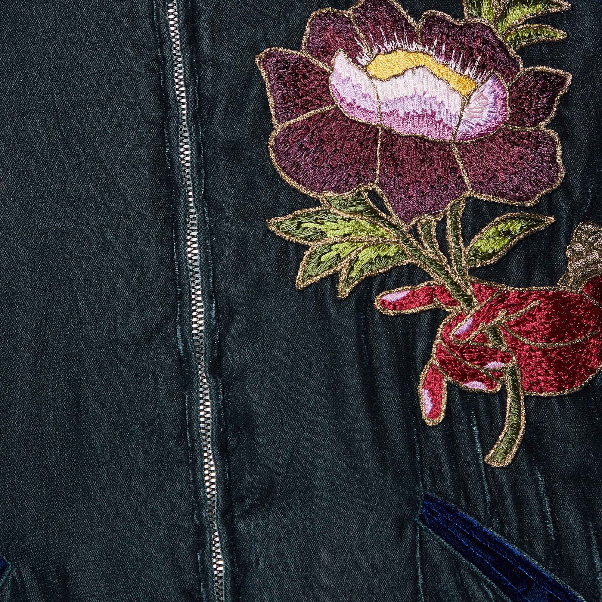 Gucci Green Velvet Embroidery Detail Bomber Jacket S