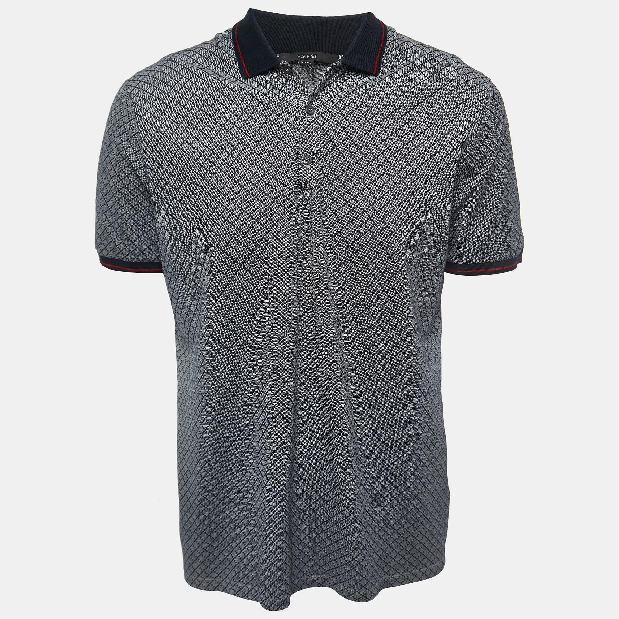 Gucci Navy Blue Patterned Cotton Polo T-Shirt 3XL