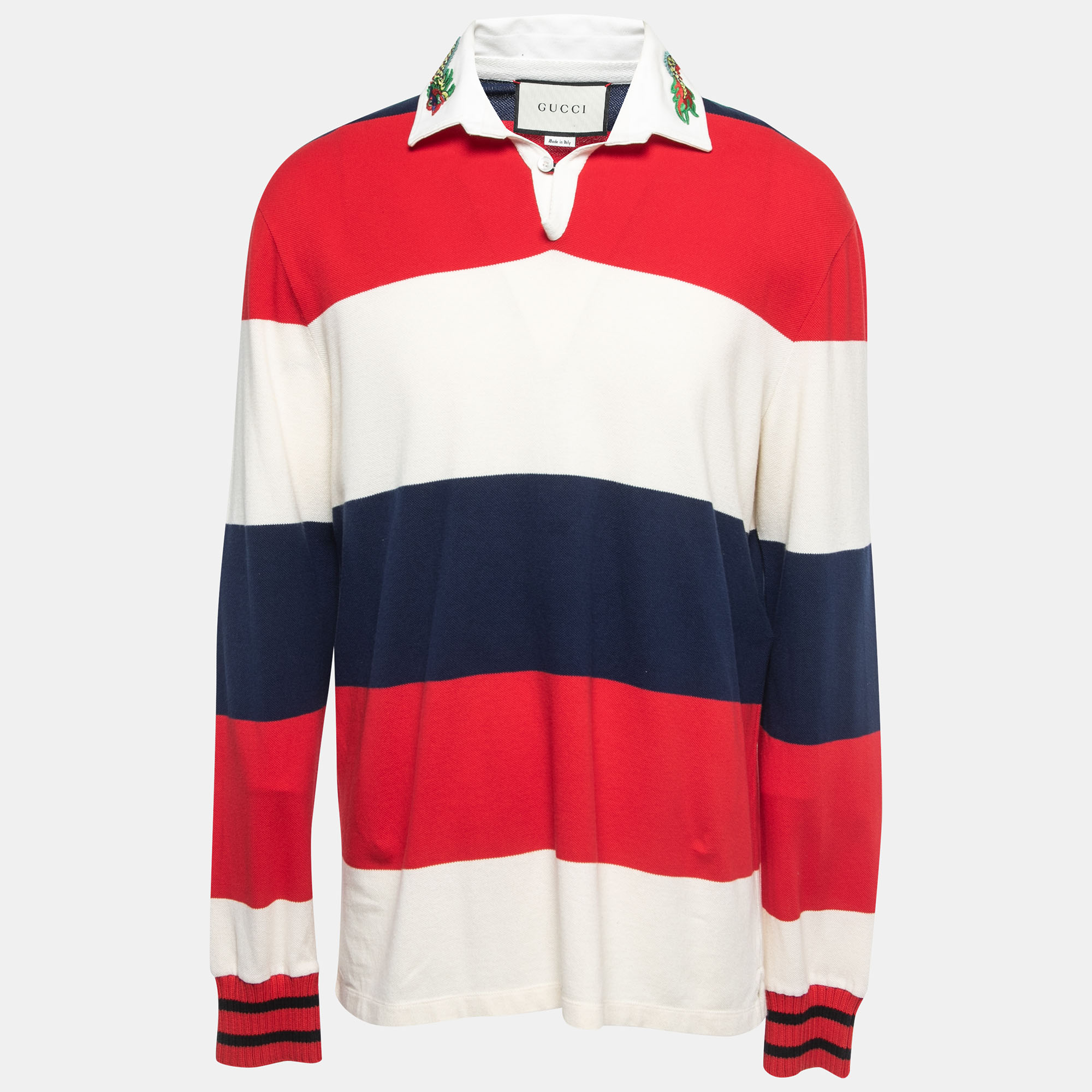 Gucci Multicolor Striped Cotton Knit Contrast Collar Detail Long Sleeve T-Shirt XL