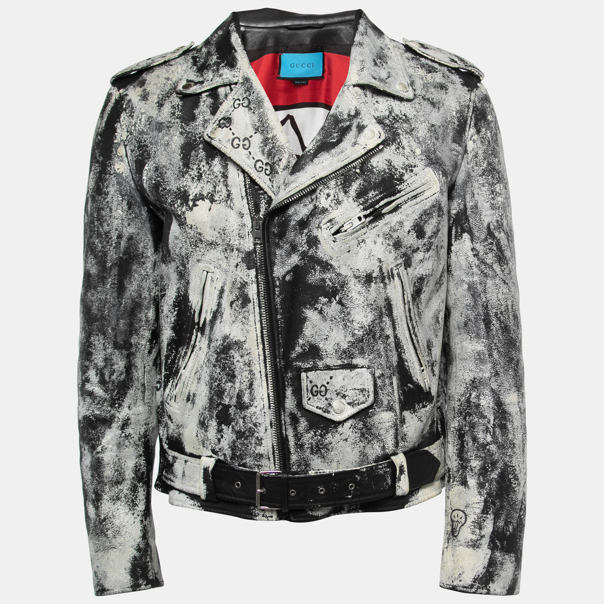 Gucci white/black hand painted leather patch detail biker jacket m