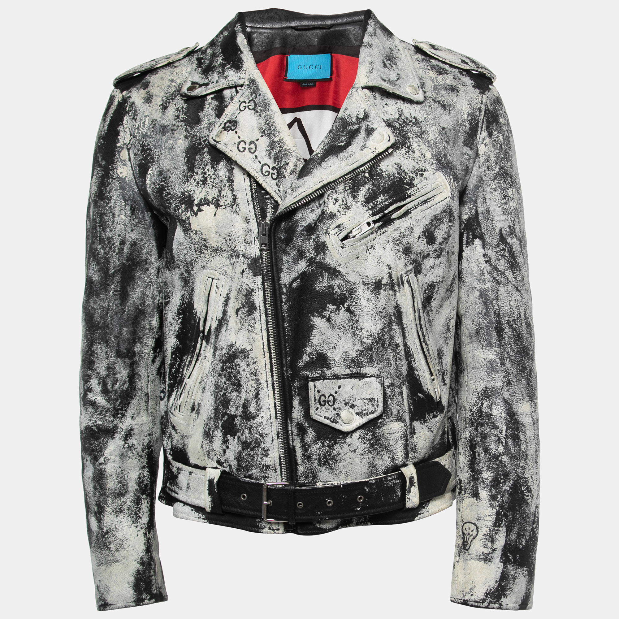 Gucci White/Black Hand Painted Leather Patch Detail Biker Jacket M