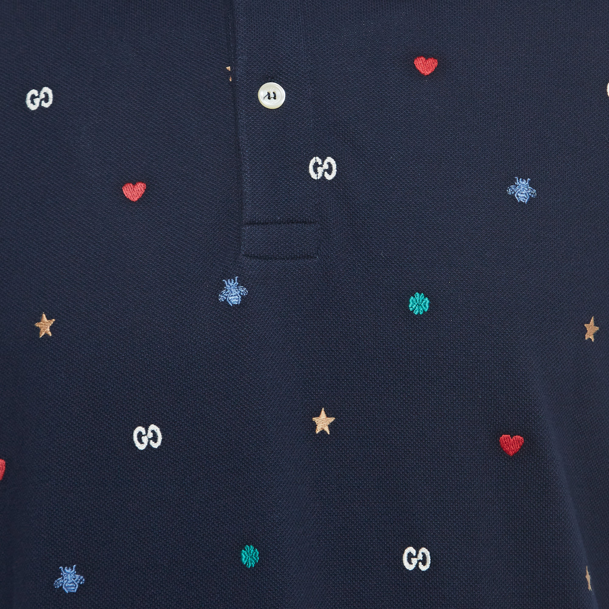 Gucci Navy Blue Symbols Embroidered Cotton Pique Polo T-Shirt XL