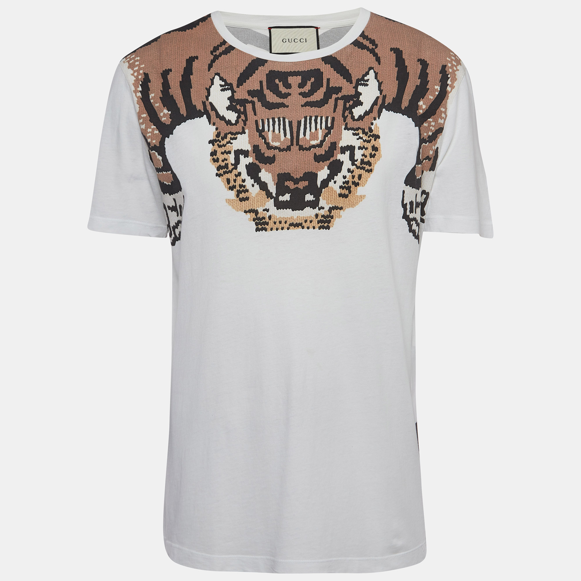 Gucci White Tiger Print Cotton Crew Neck T-Shirt M