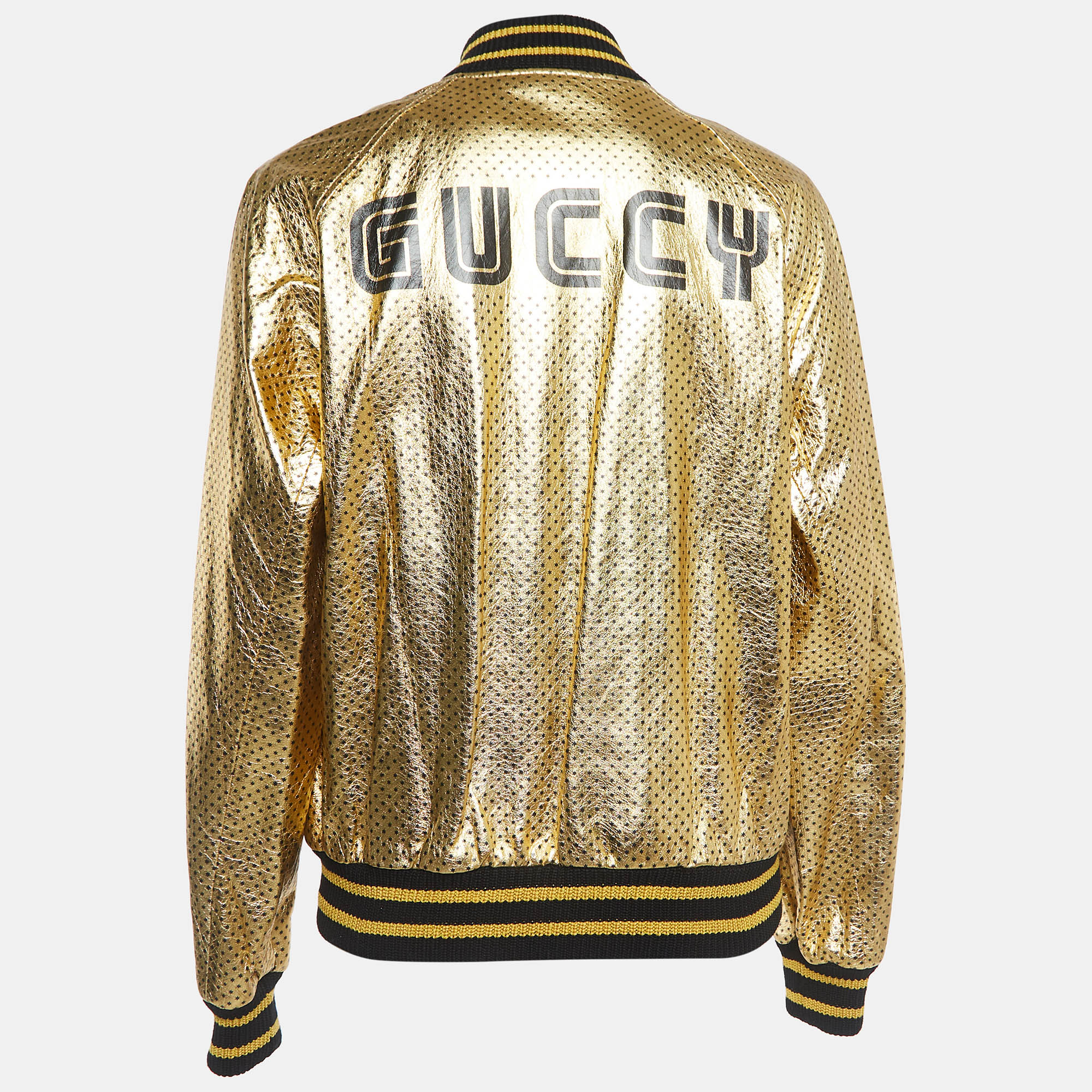 Gucci Gold Metallic Stars Print Crinkle Leather Bomber Jacket XS