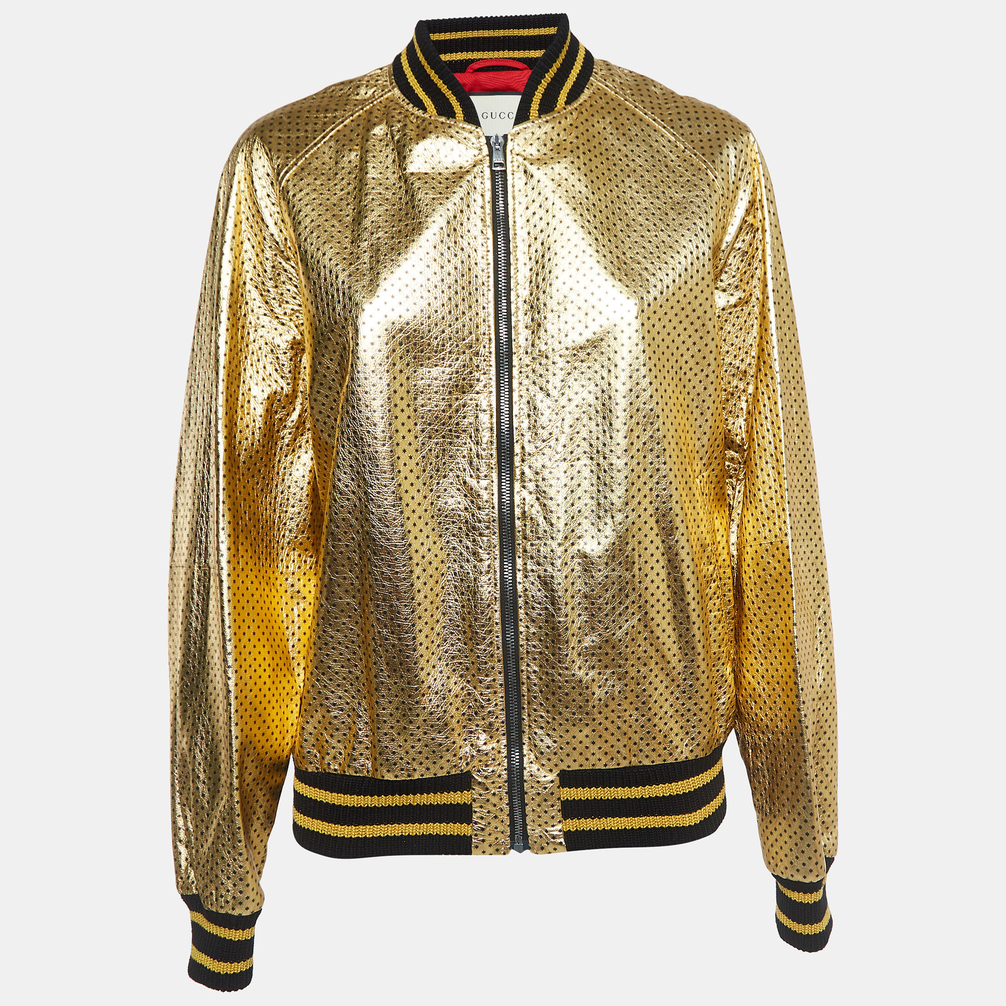 Gucci gold metallic stars print crinkle leather bomber jacket xs