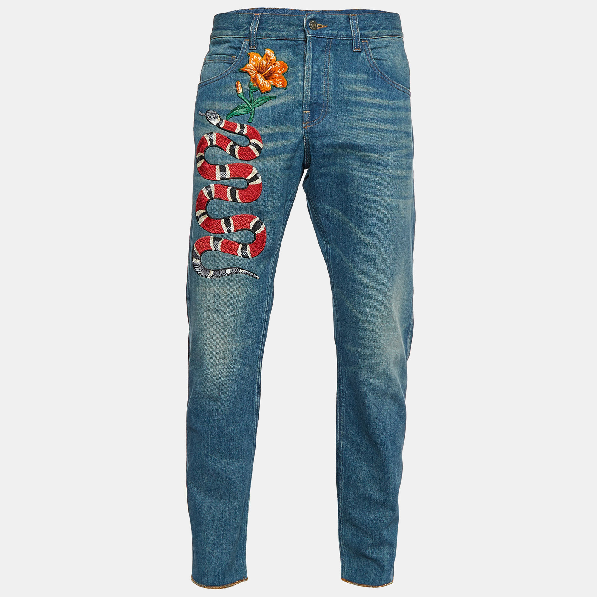 

Gucci Blue Denim Snake Embroidered Regular Fit Jeans /Waist 37