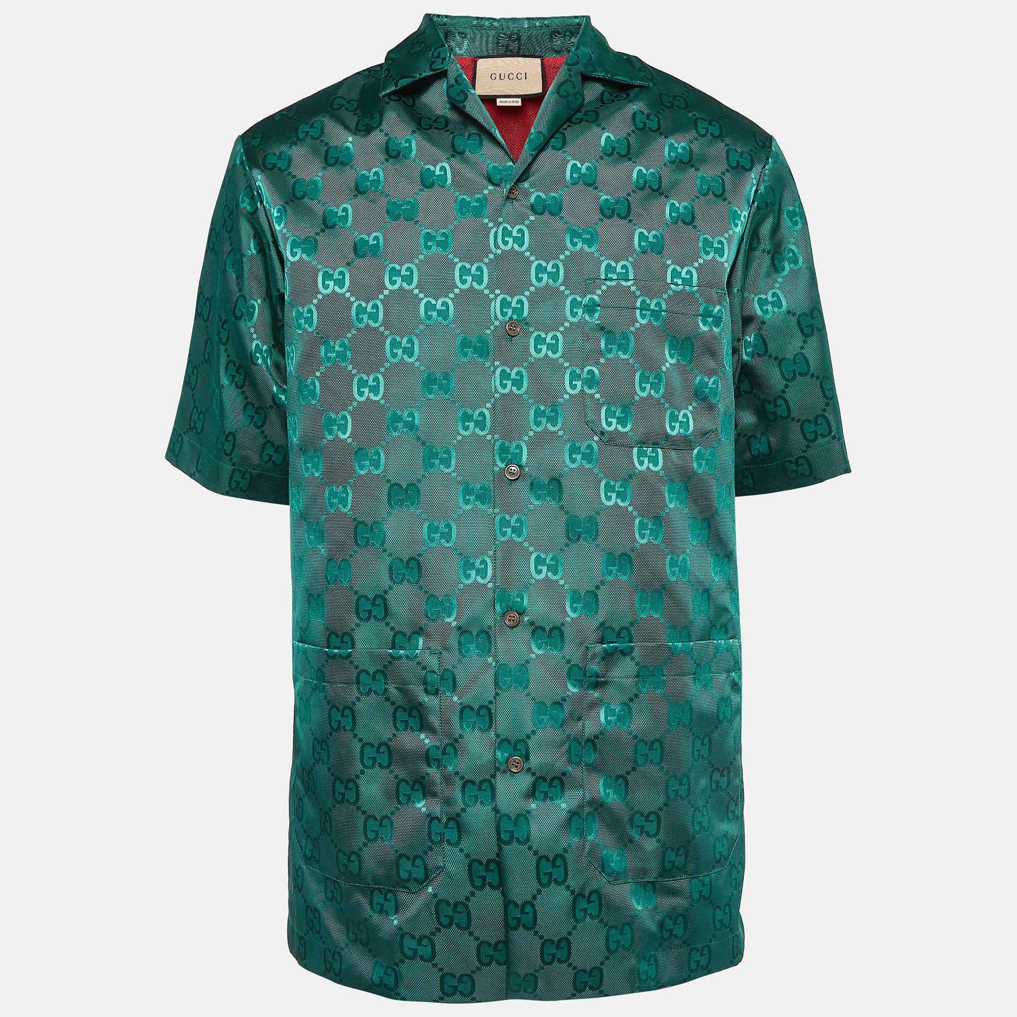 Gucci green gg jacquard nylon bowling shirt s