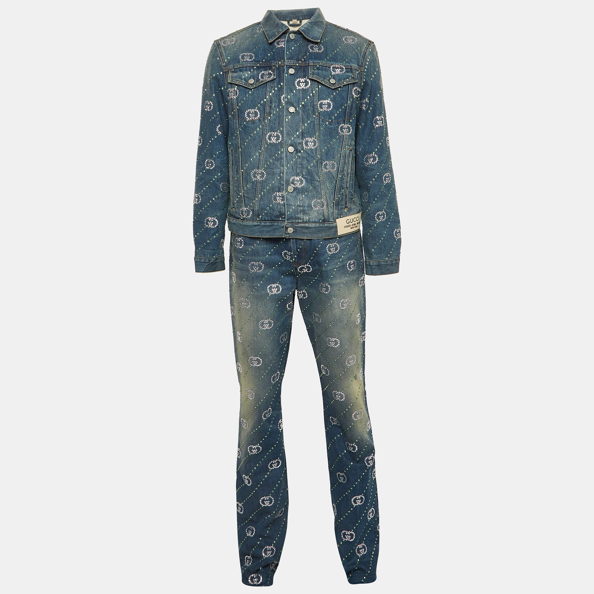 Gucci blue interlocking g crystal-embellished denim jacket and jeans set s/m