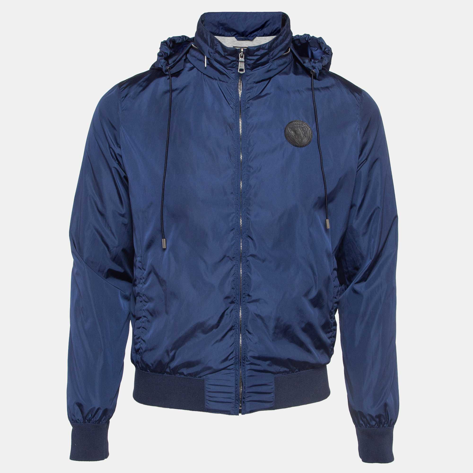 Gucci blue synthetic hooded zip-up jacket xs
