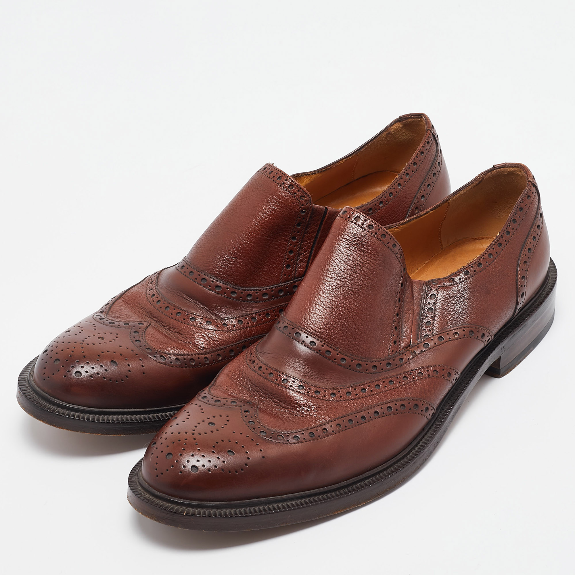 Gucci Brown Brogue Leather Slip On Oxford Size 45.5