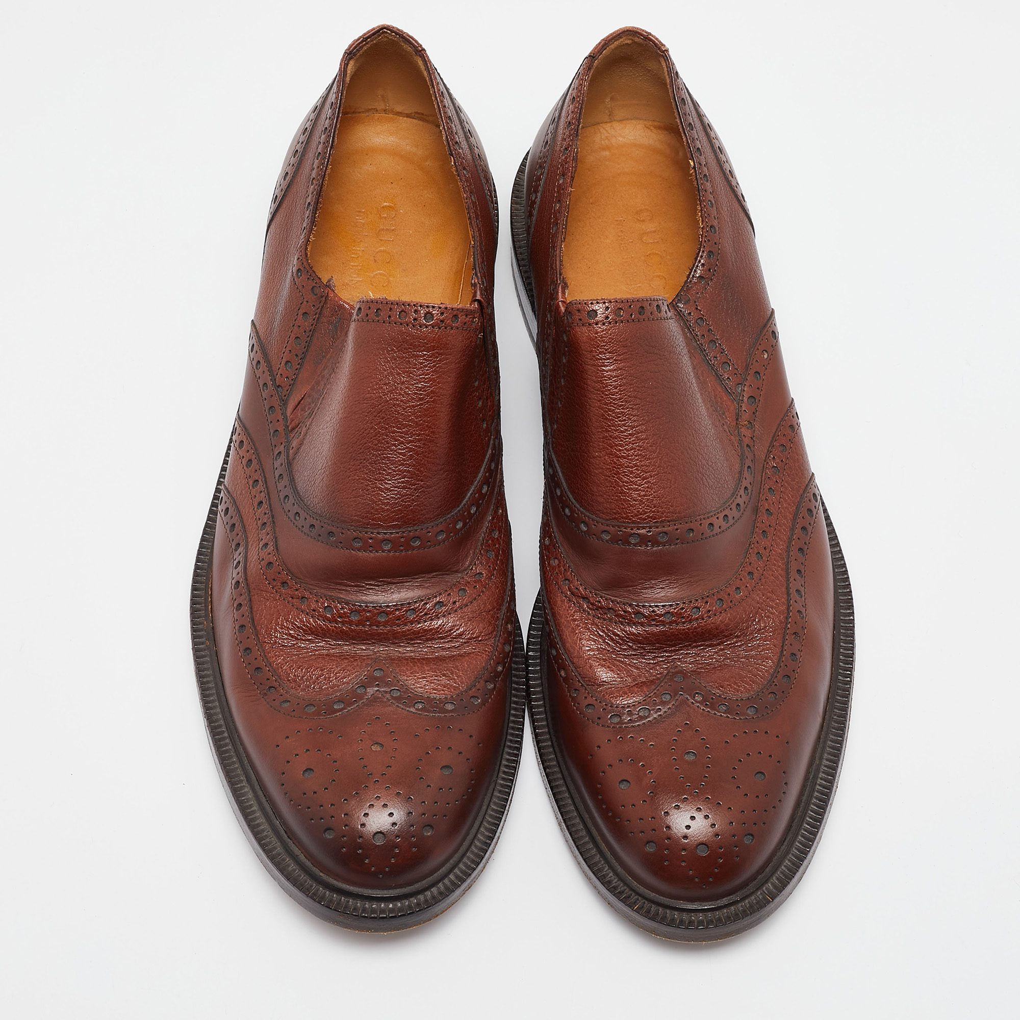 Gucci Brown Brogue Leather Slip On Oxford Size 45.5