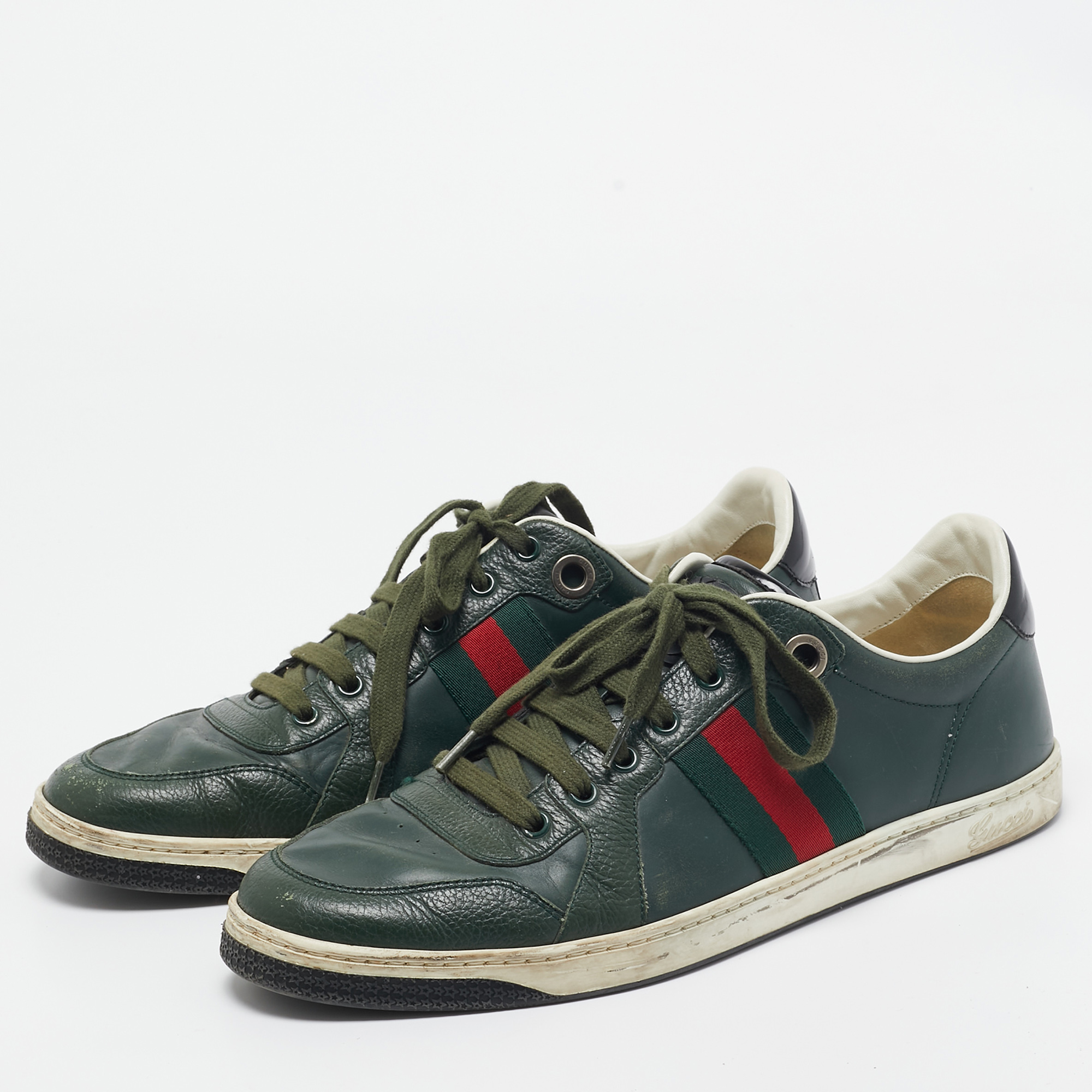 Gucci Green Leather Web Low Ace Top Sneakers Size 43.5