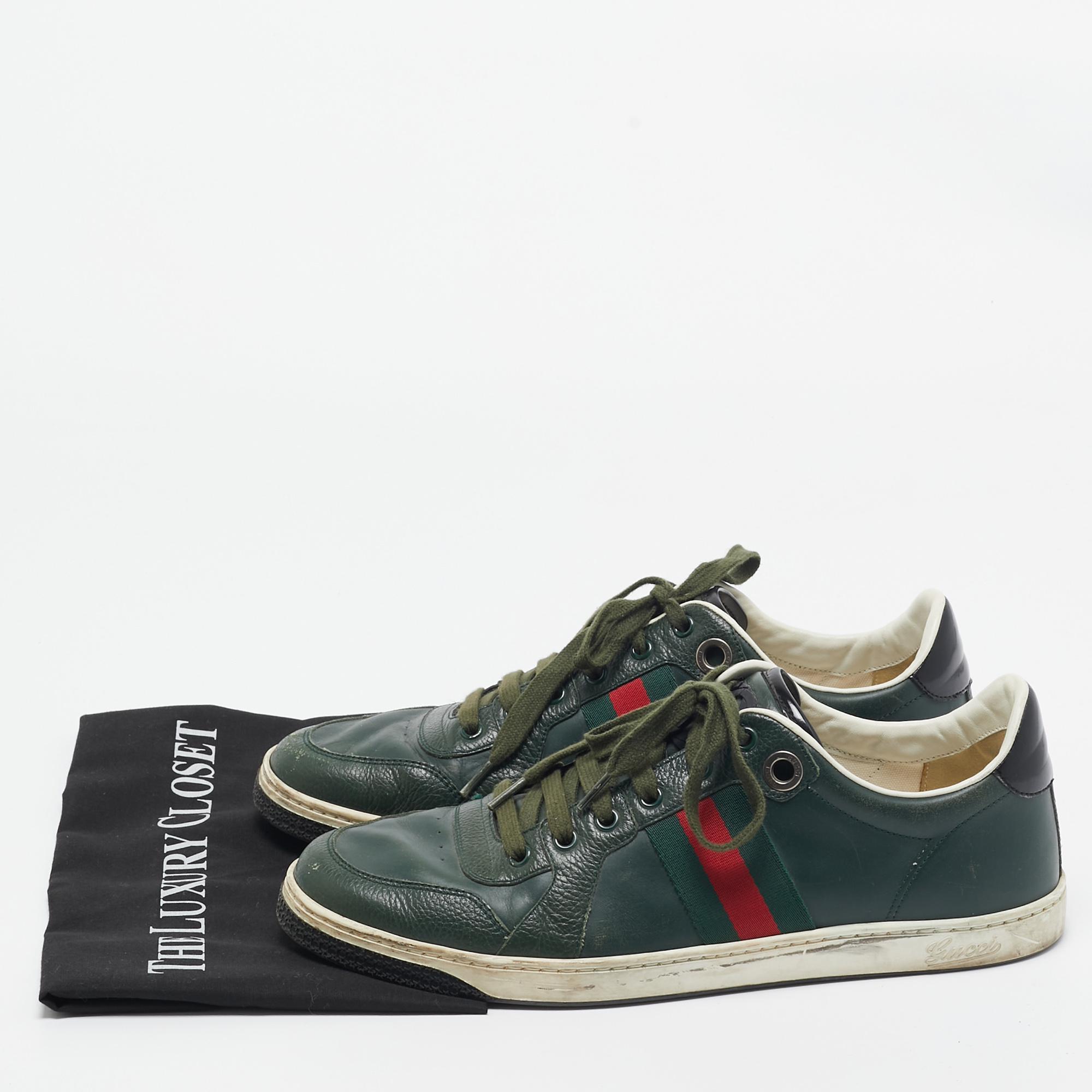 Gucci Green Leather Web Low Ace Top Sneakers Size 43.5