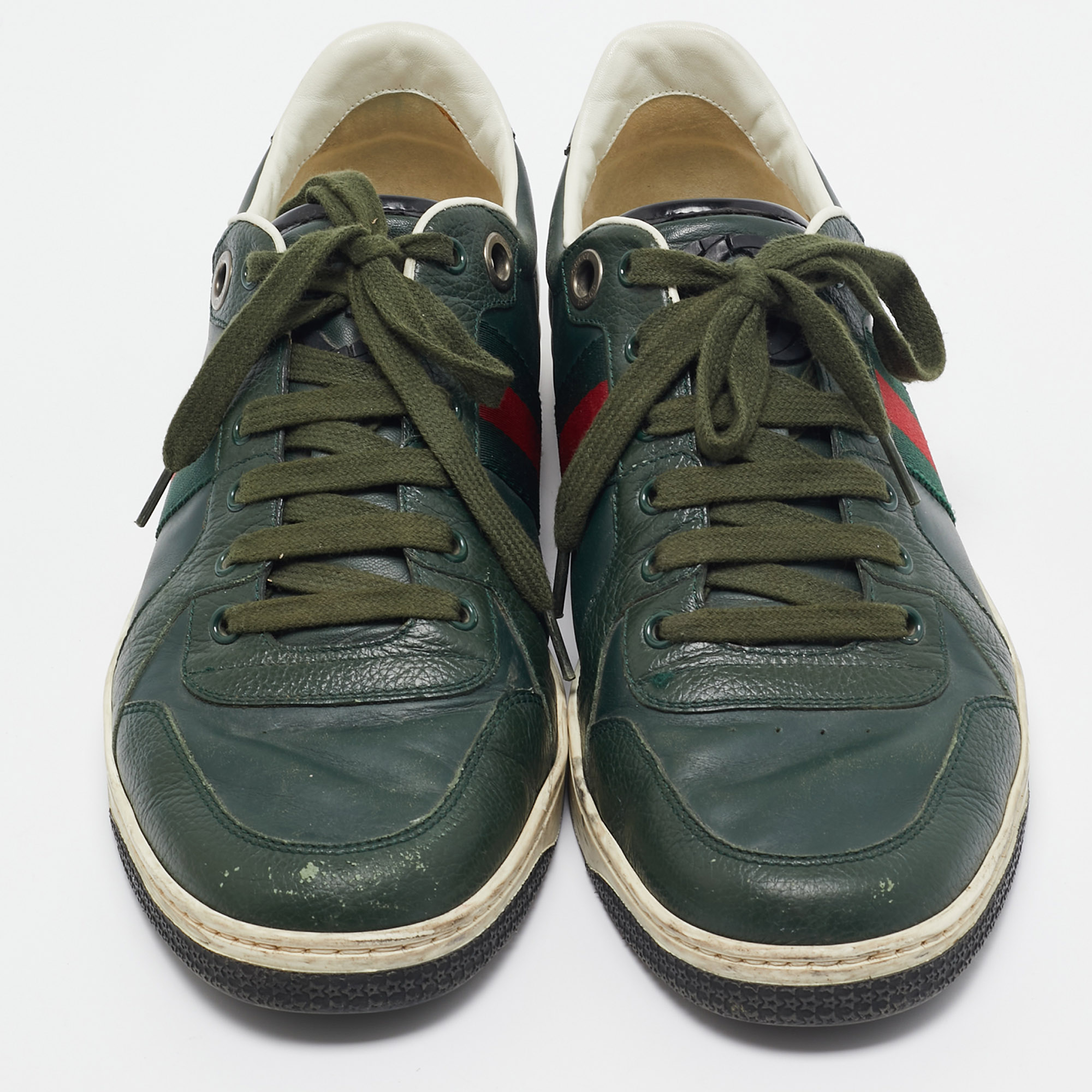 Gucci Green Leather Web Low Ace Top Sneakers Size 43.5