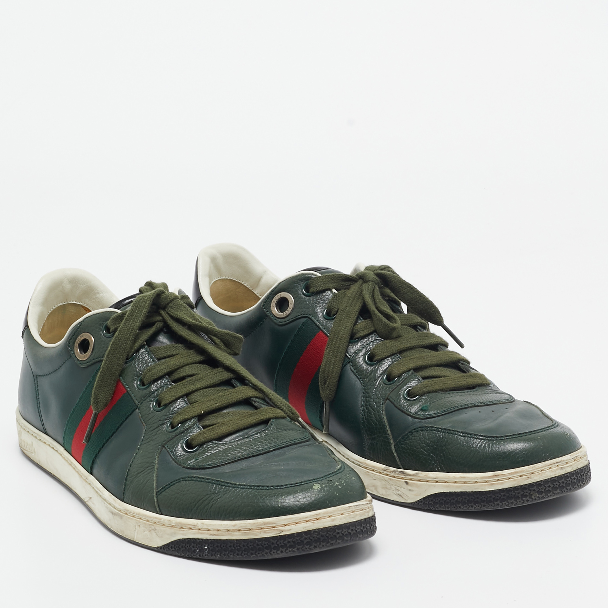 Gucci Green Leather Web Low Ace Top Sneakers Size 43.5