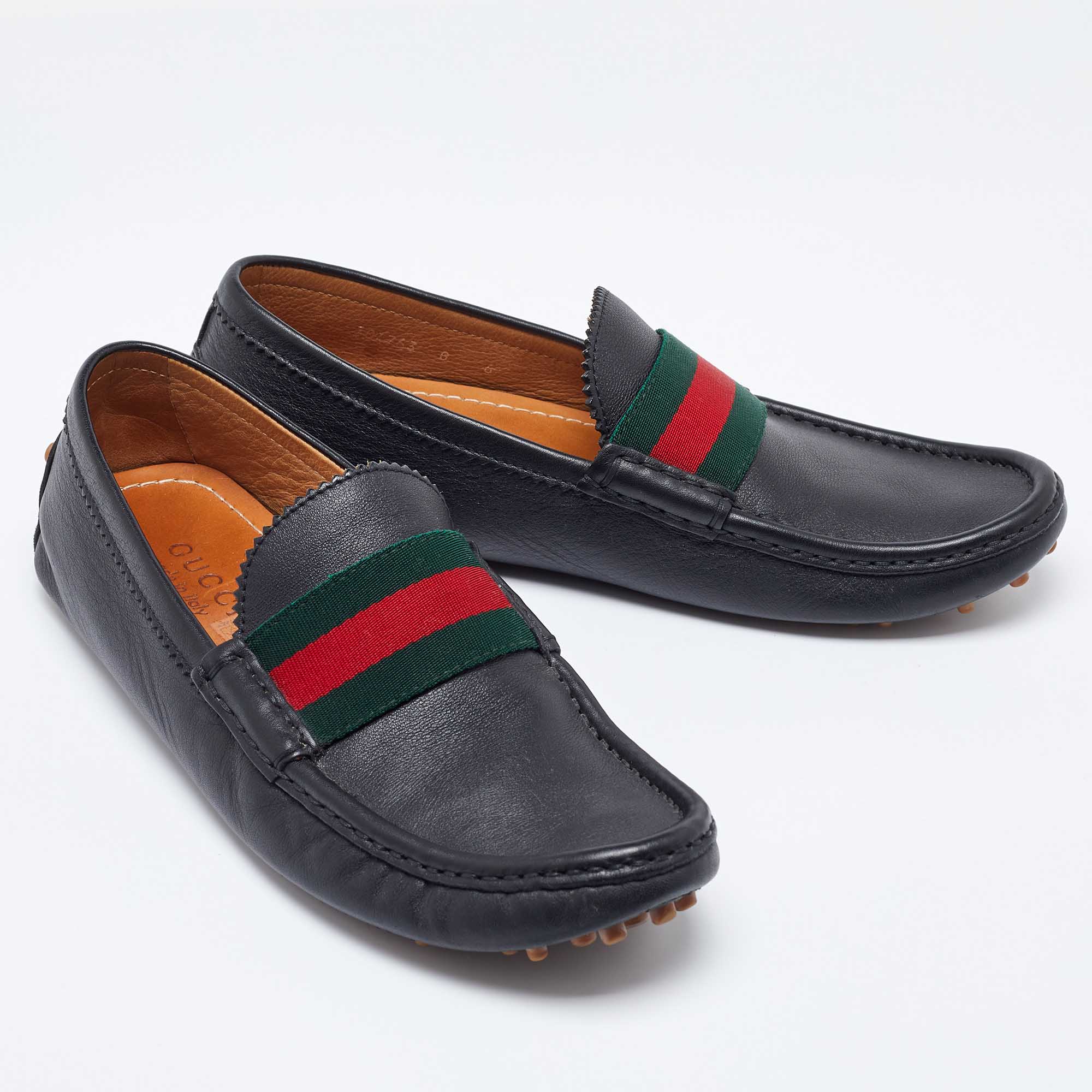 Gucci Black Leather Web Trim Slip On Loafers Size 40