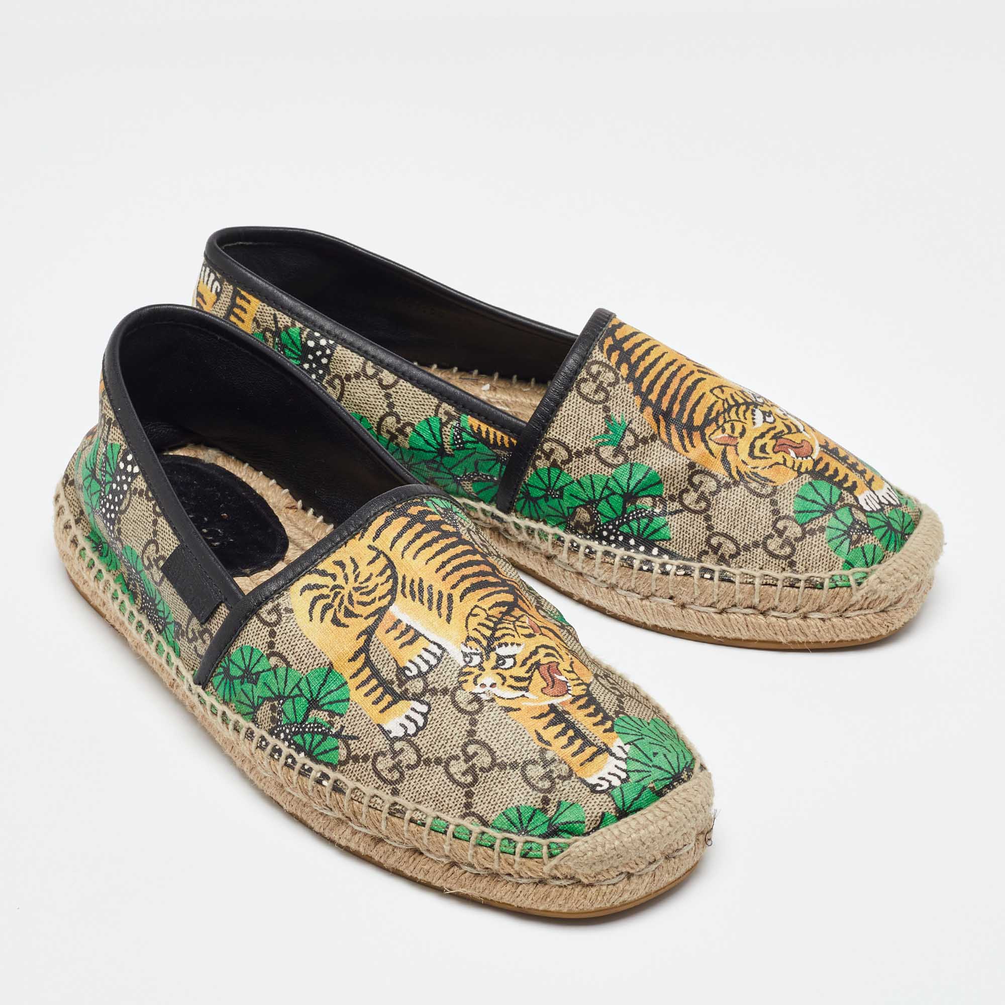 Gucci Multicolor Bengal Tiger Print Supreme Canvas And Leather Pilar Espadrille Loafers Size 40.5