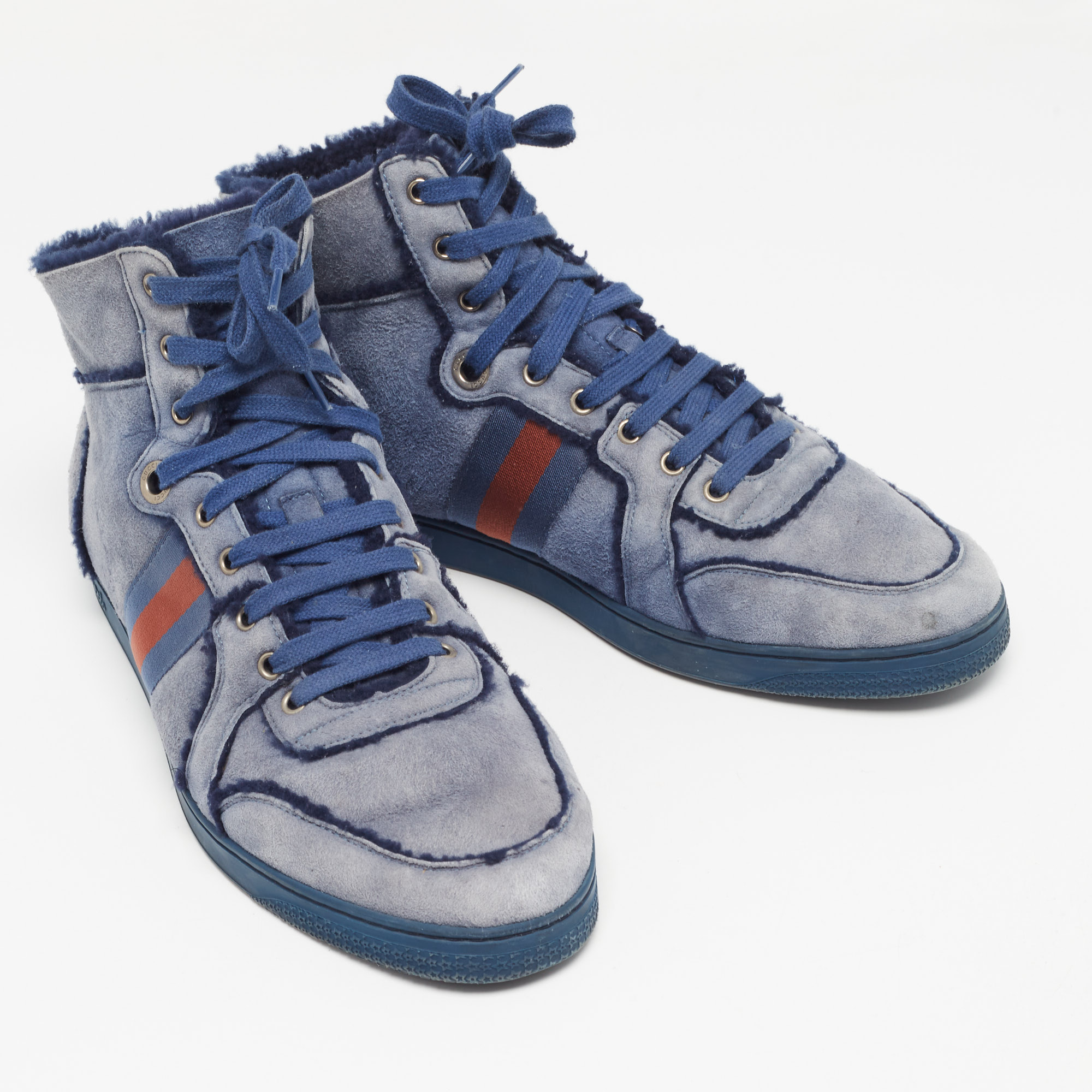 Gucci Blue Suede And Shearling Web Lace Up High Top Sneakers Size 45.5