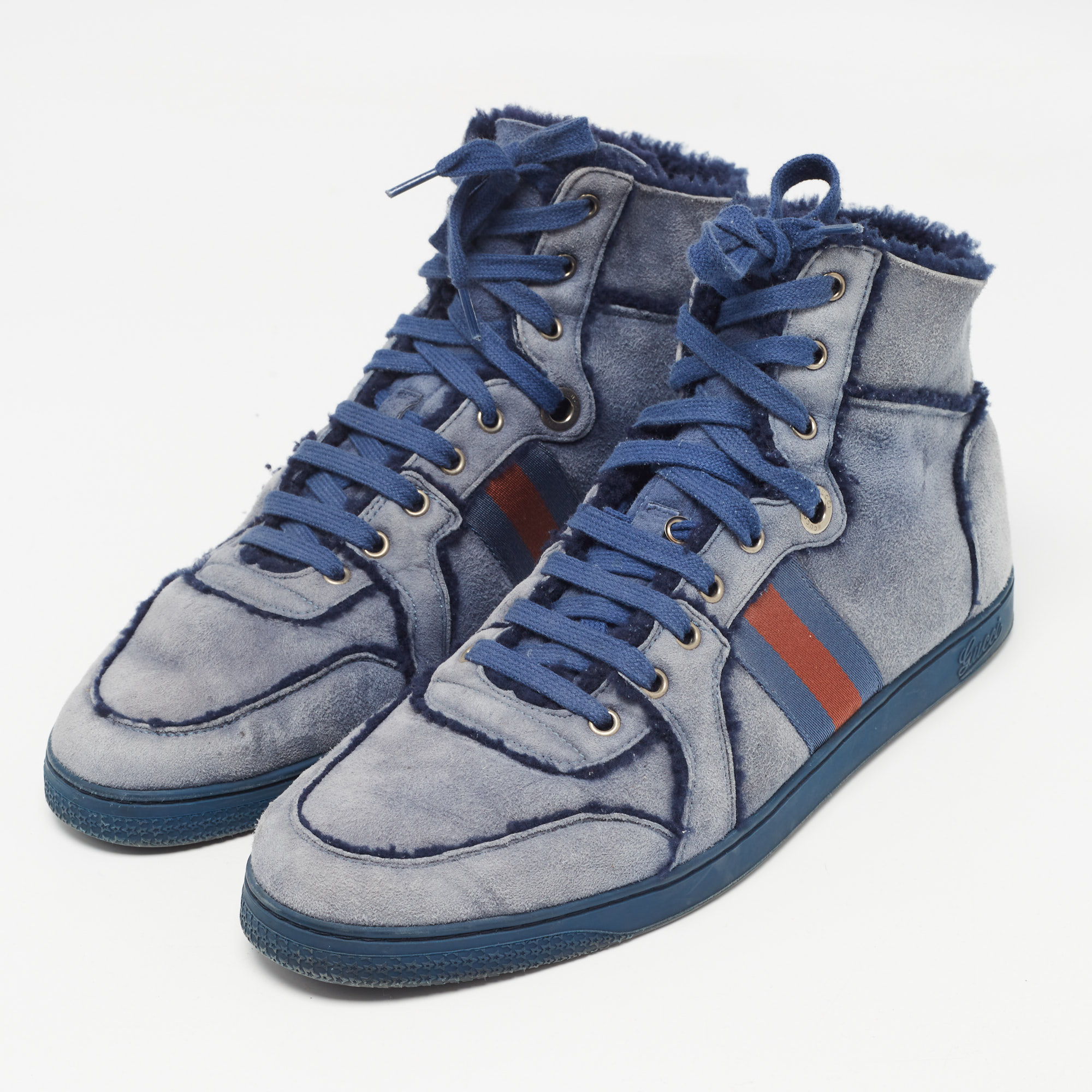 Gucci Blue Suede And Shearling Web Lace Up High Top Sneakers Size 45.5